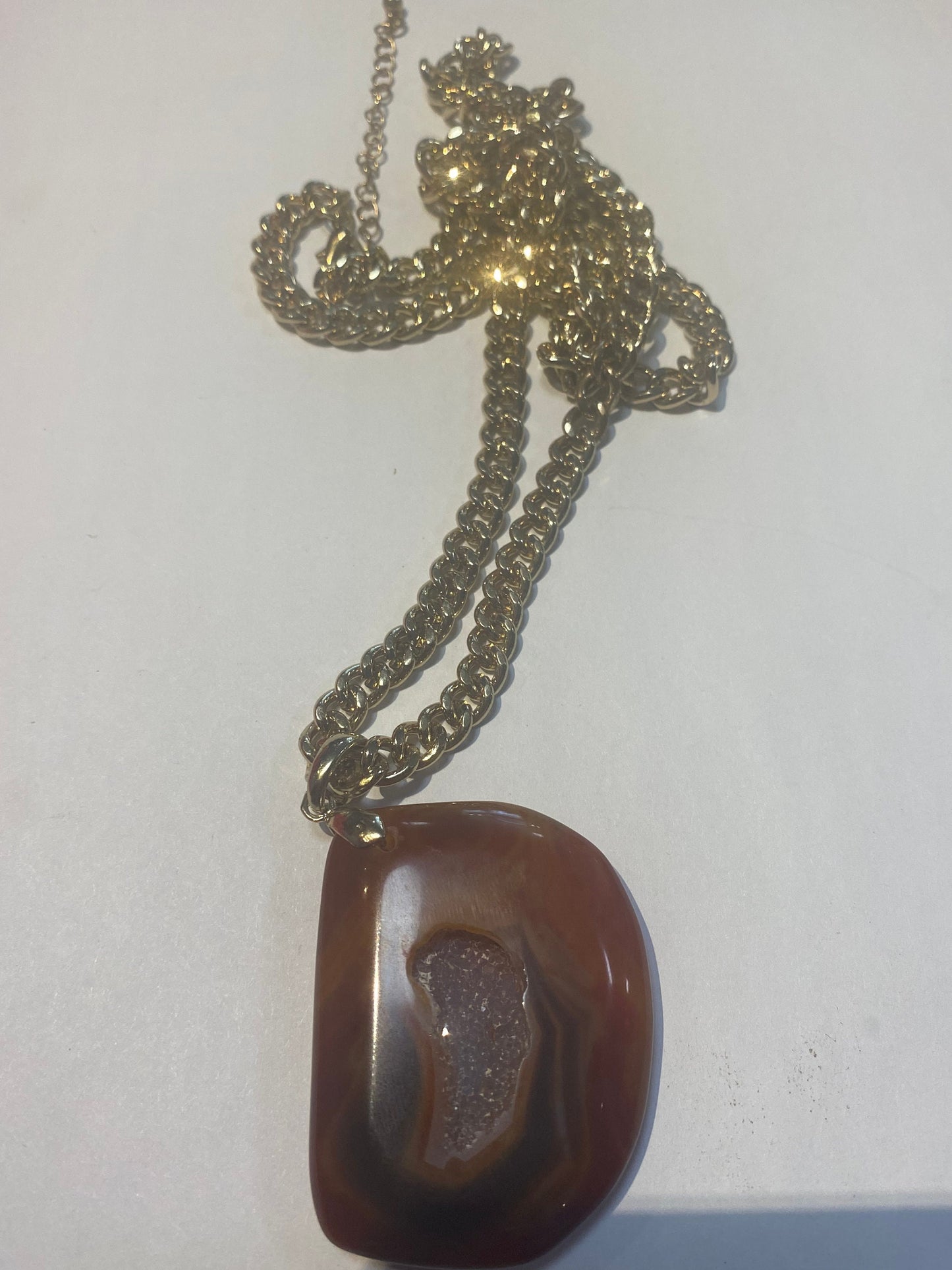 Unusual Agate geode pendant with gold necklace