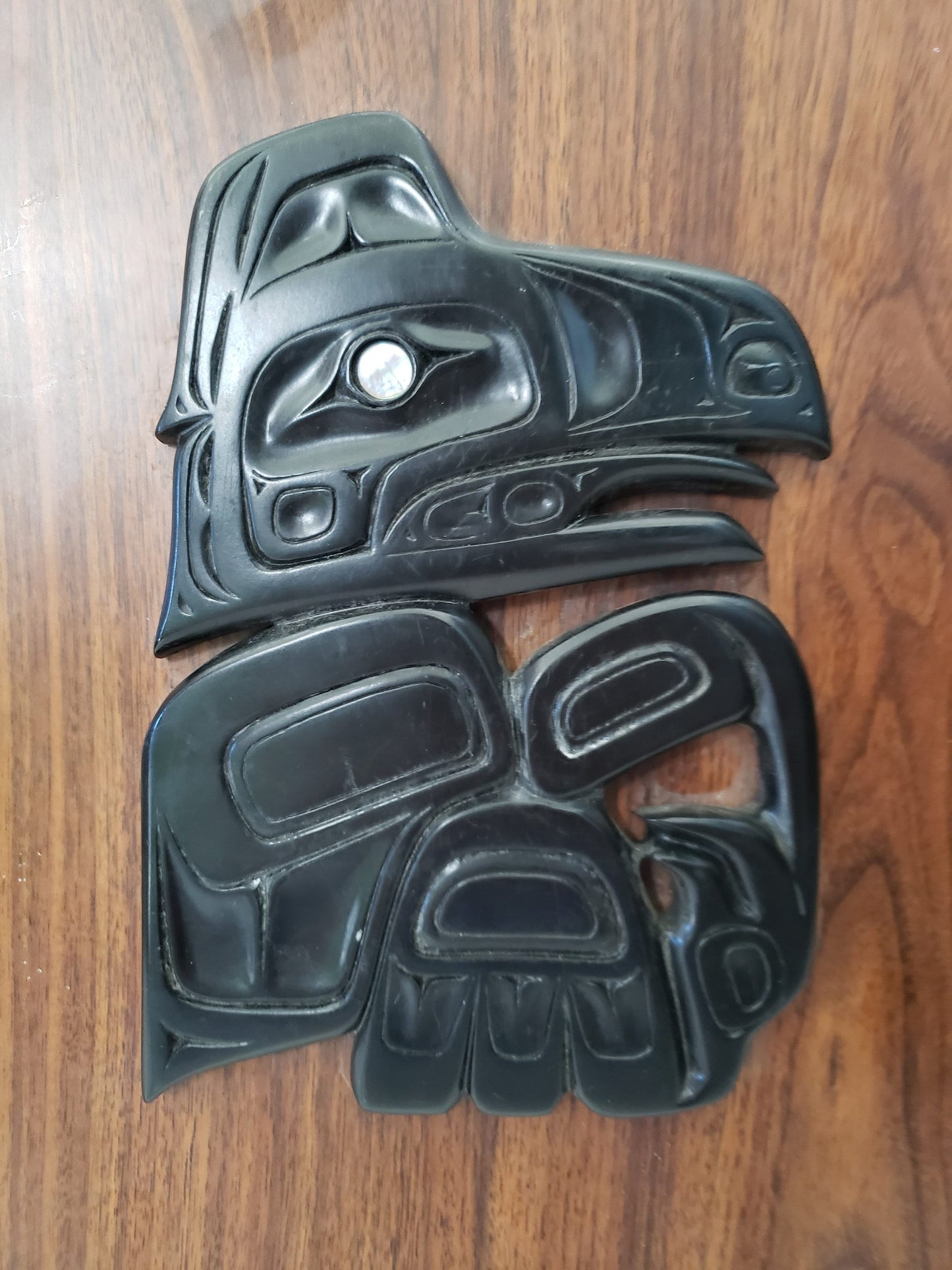 Vancouver Faux Argillite Thunderbird Plaque with Abalone Eyes