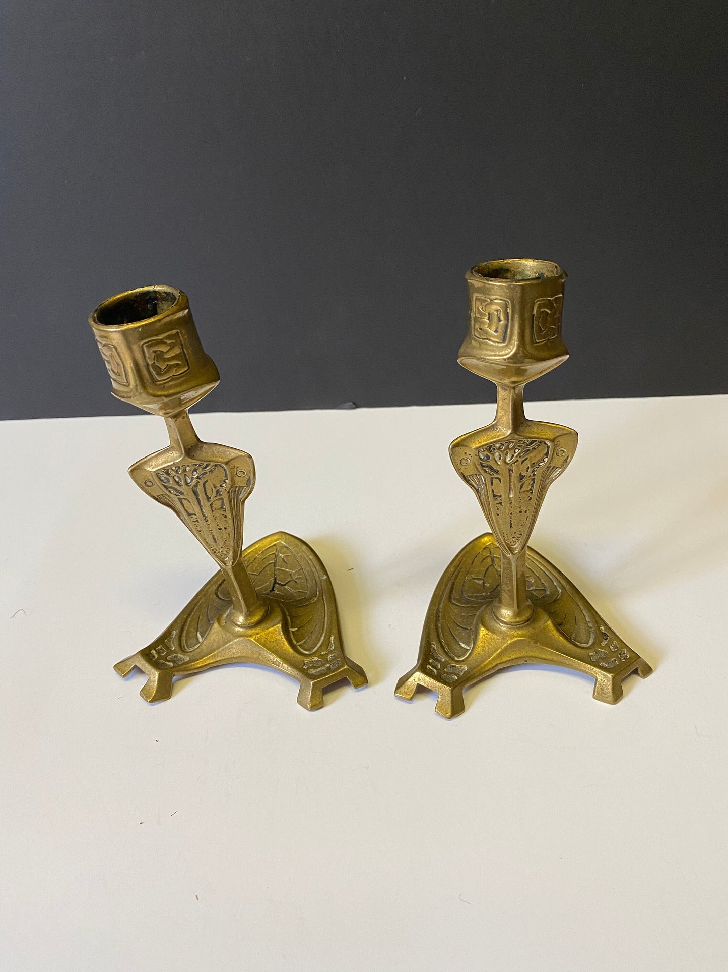Pair Fantastic 8 inch Art nouveau brass vintage candlesticks