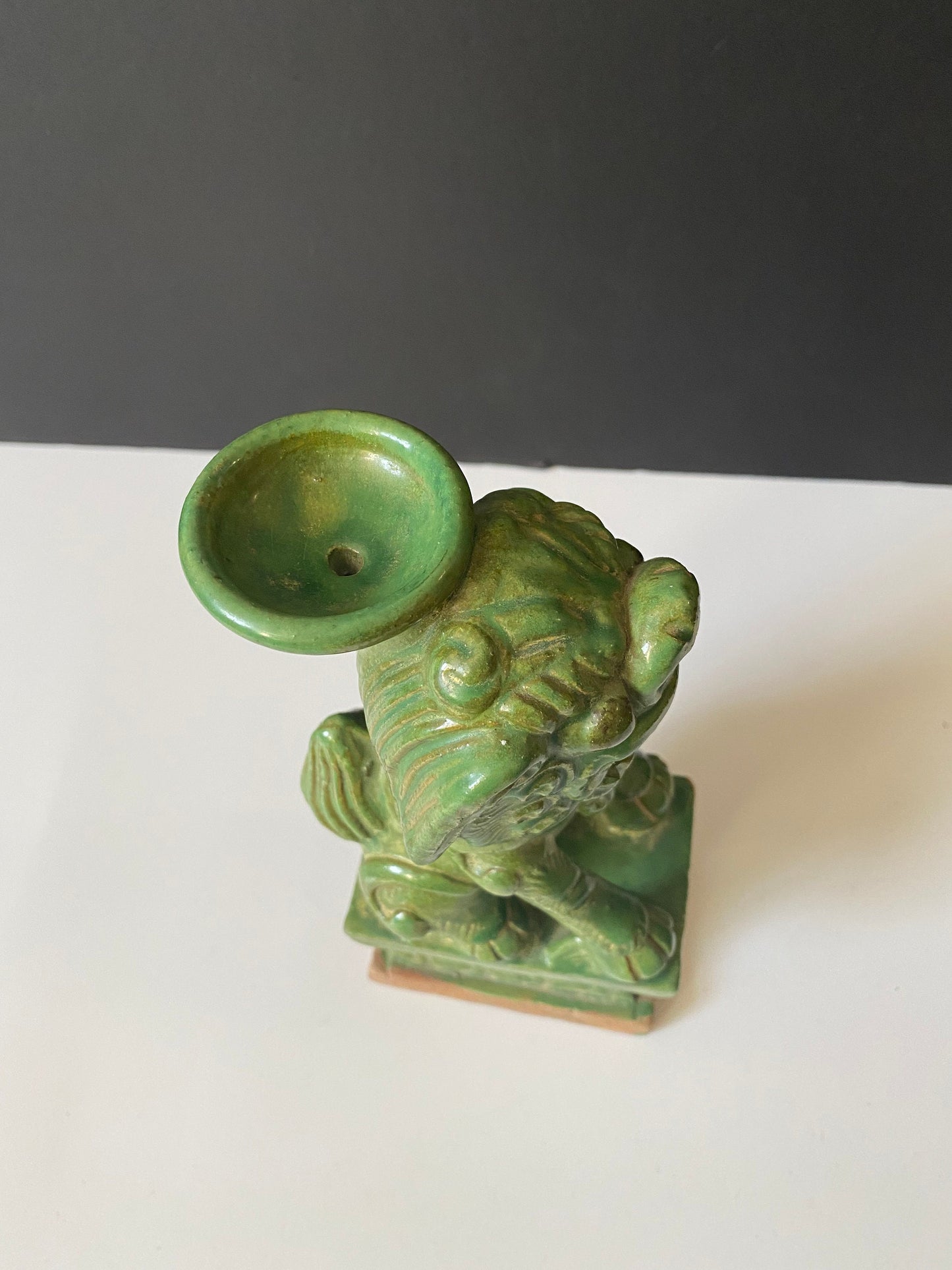 Rare 9 inch Chinese painted terra-cotta dog of foo candle holder with red seal