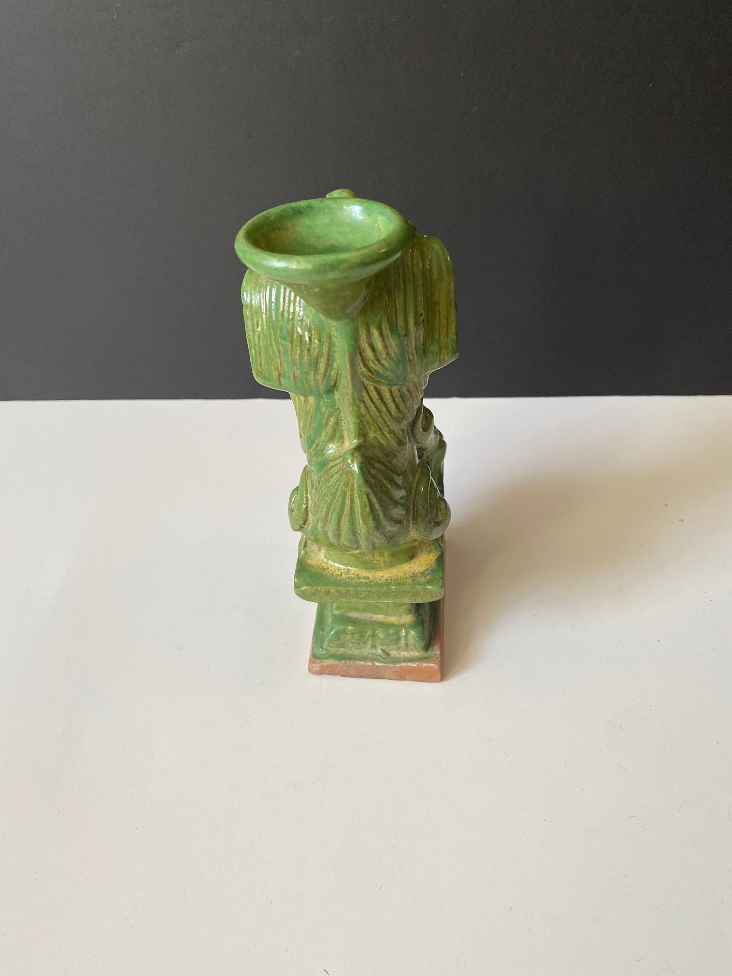Rare 9 inch Chinese painted terra-cotta dog of foo candle holder with red seal