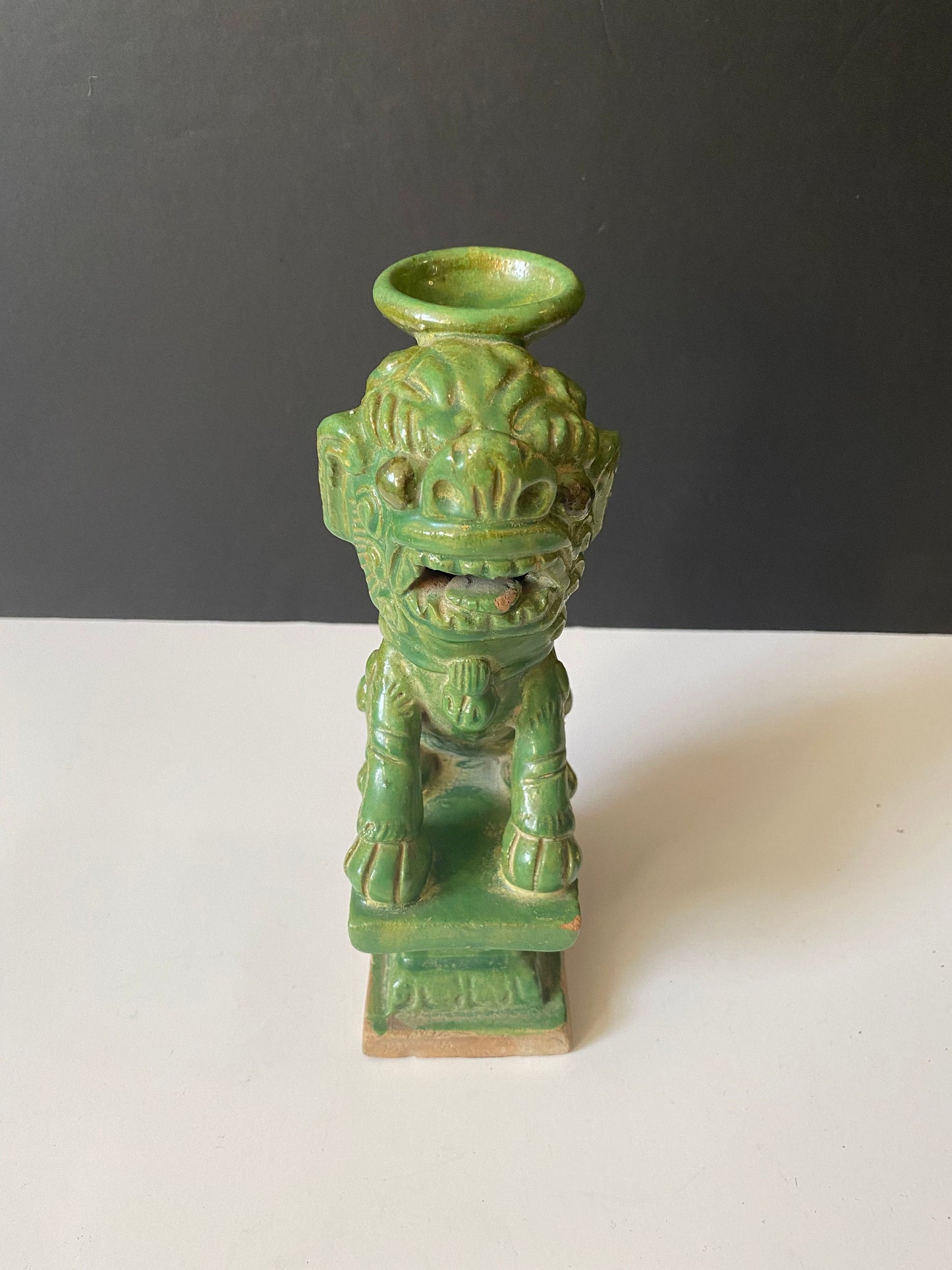 Rare 9 inch Chinese painted terra-cotta dog of foo candle holder with red seal