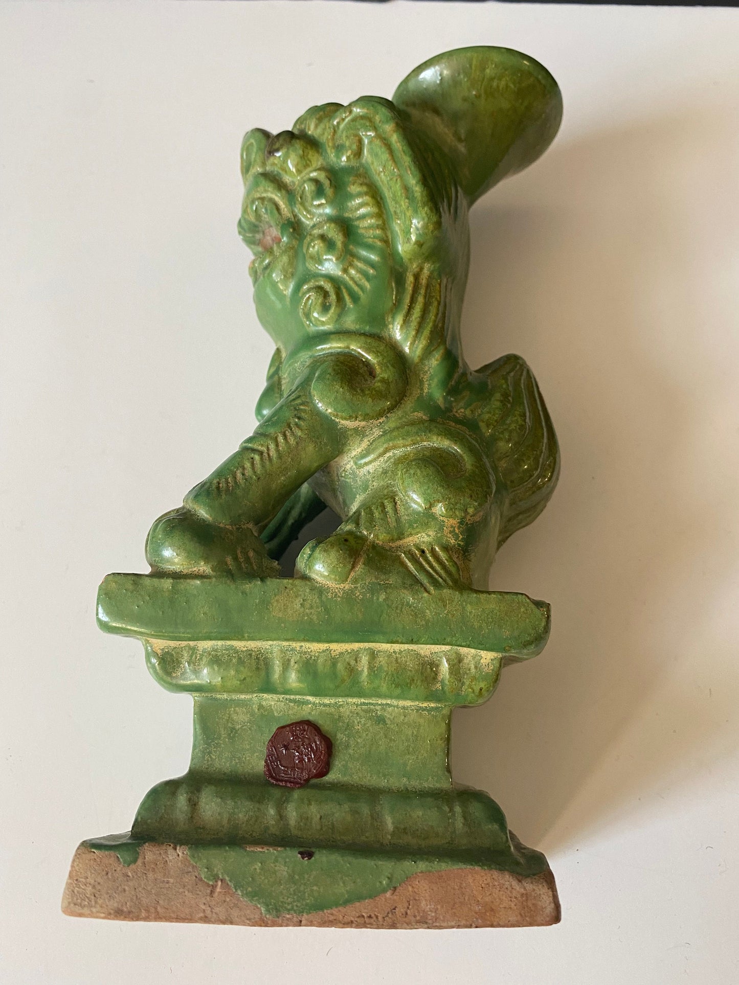 Rare 9 inch Chinese painted terra-cotta dog of foo candle holder with red seal