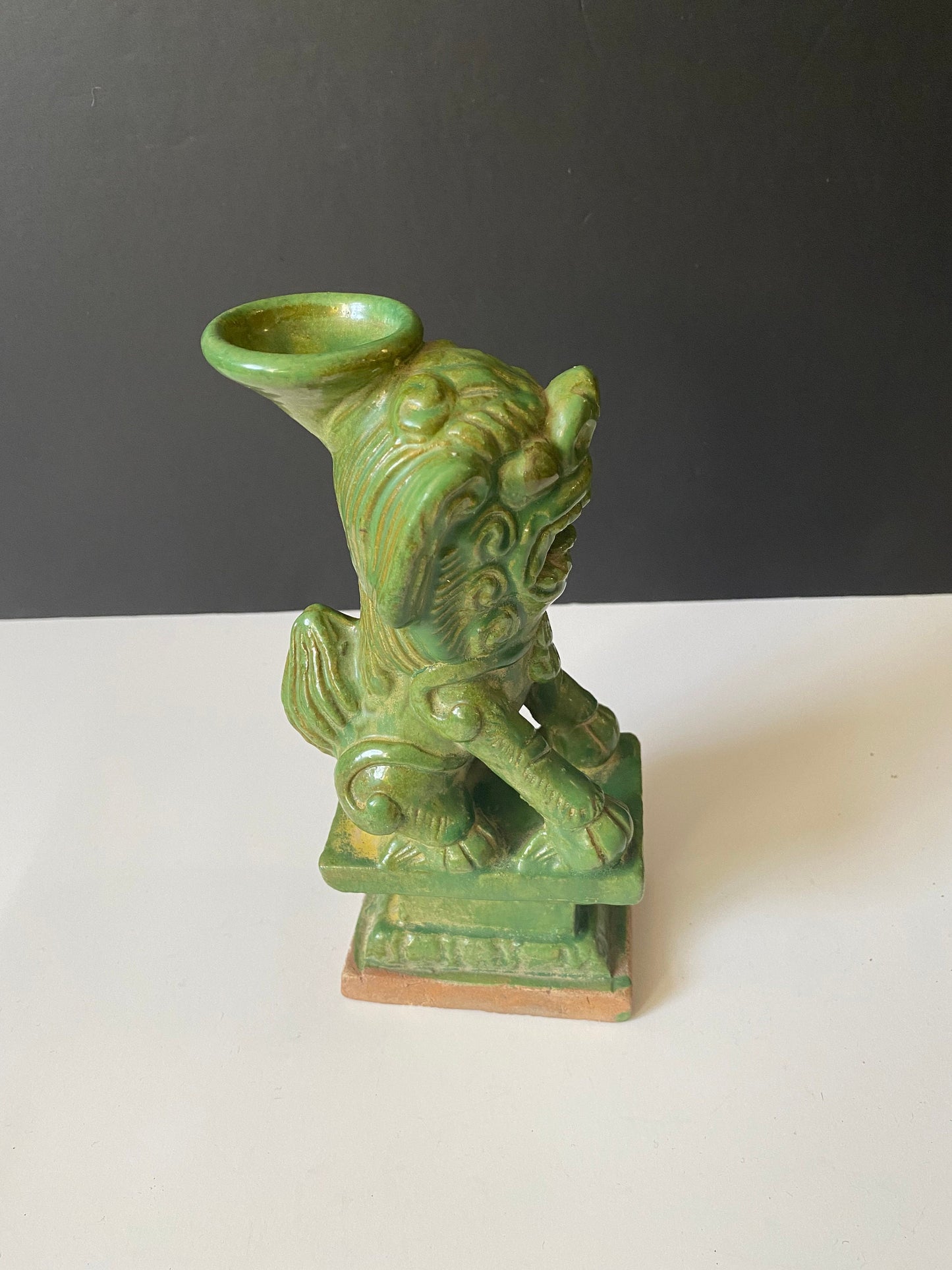 Rare 9 inch Chinese painted terra-cotta dog of foo candle holder with red seal
