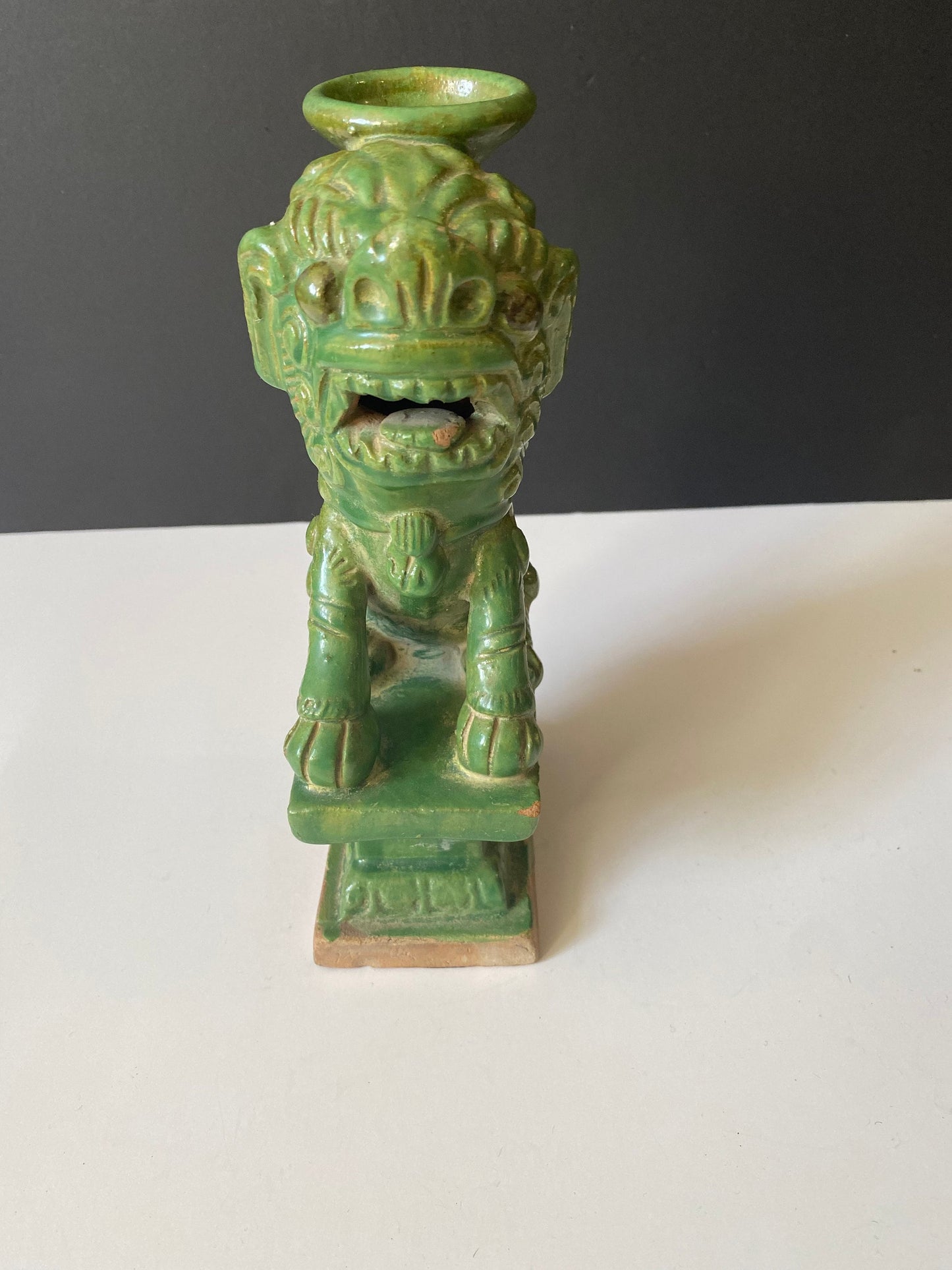 Rare 9 inch Chinese painted terra-cotta dog of foo candle holder with red seal