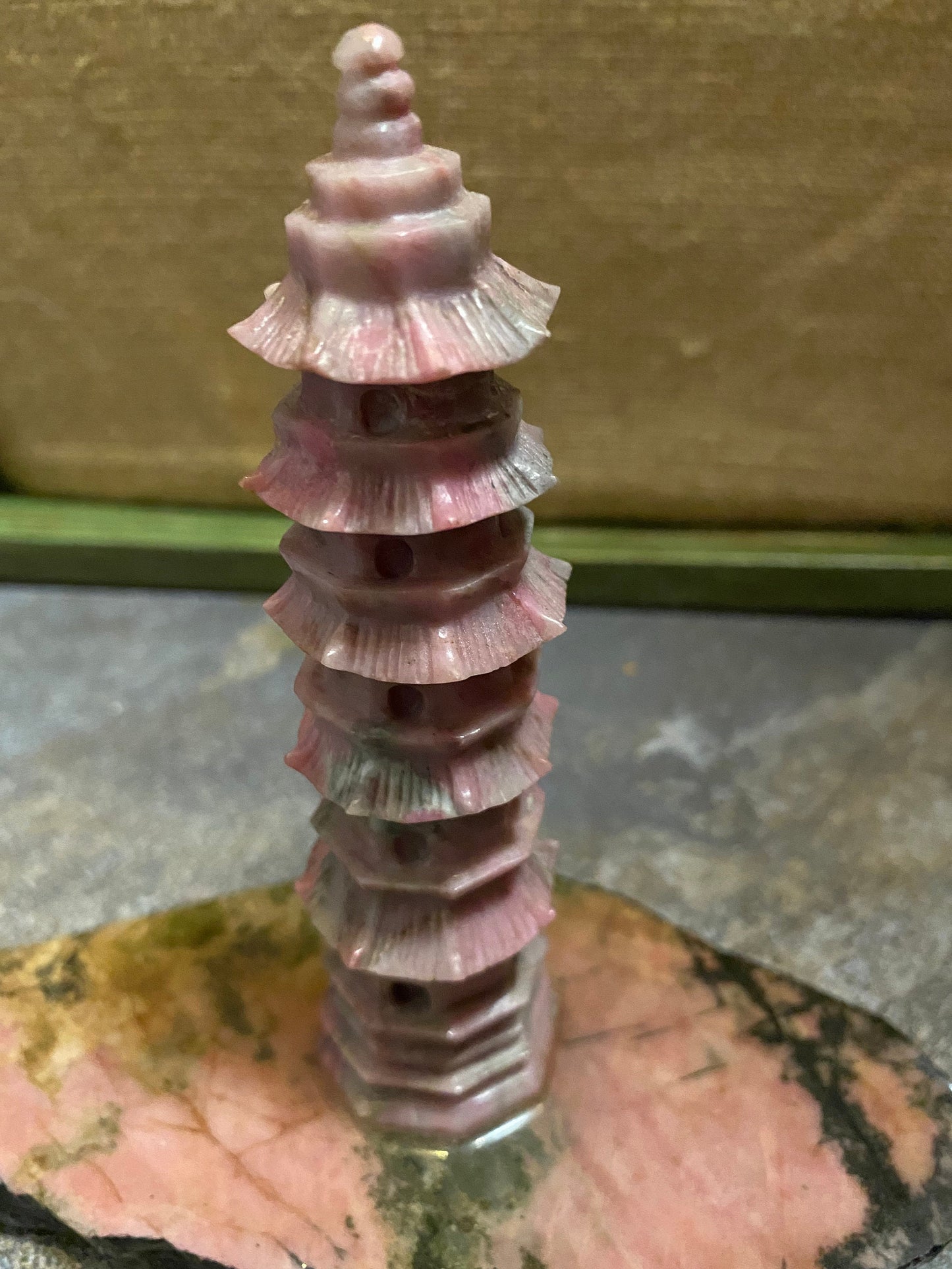 6 inch rhodonite pagoda on stand well carved stunning