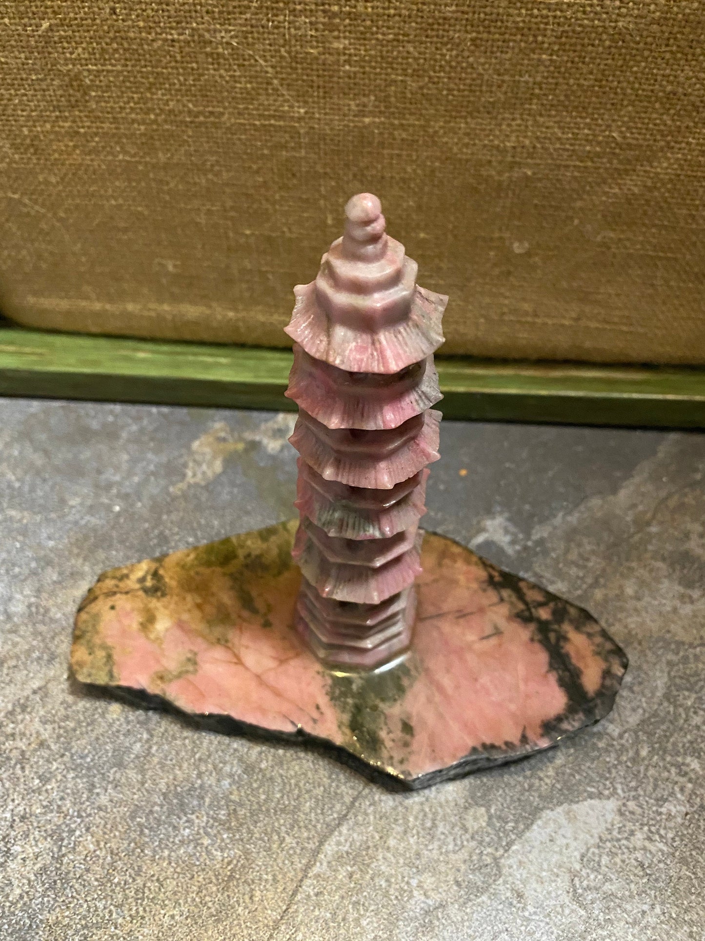 6 inch rhodonite pagoda on stand well carved stunning
