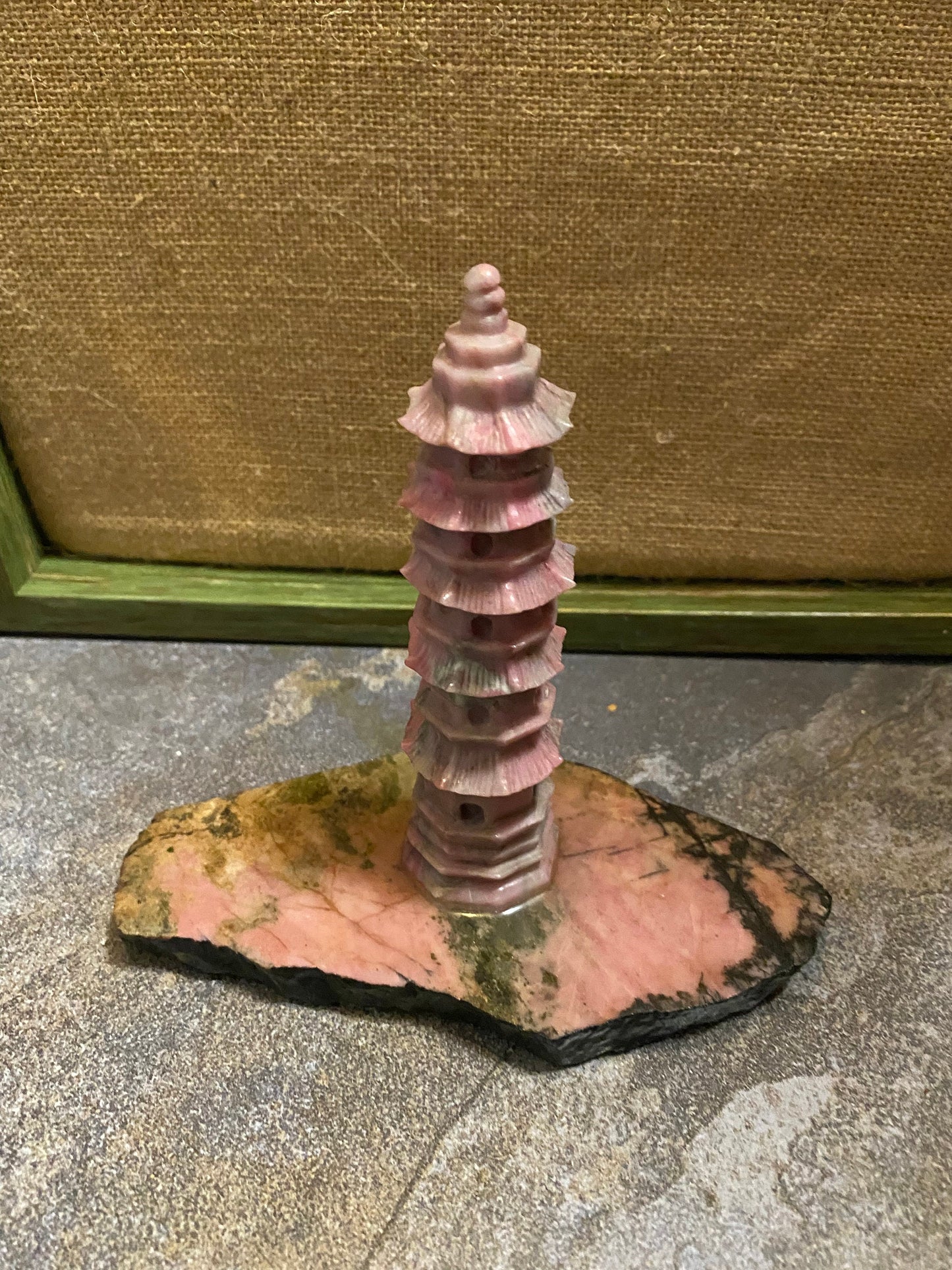 6 inch rhodonite pagoda on stand well carved stunning