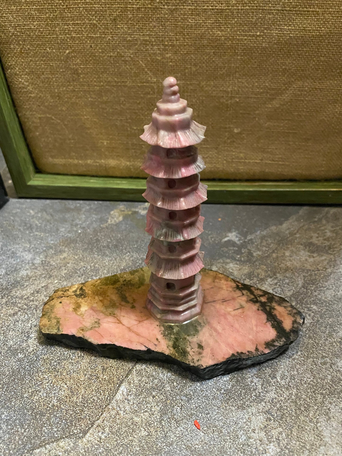 6 inch rhodonite pagoda on stand well carved stunning