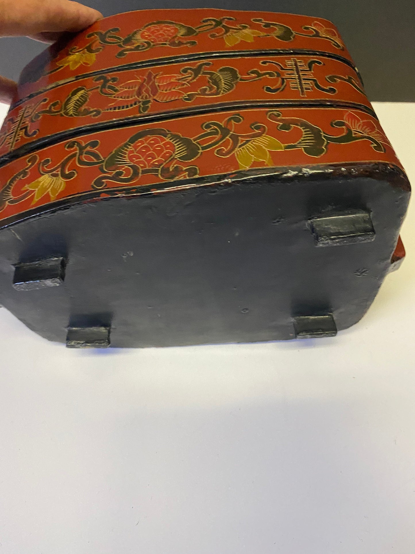 Foot high by 10 inches wide antique Chinese lacquer and porcelain lunchbox Fabulous condition