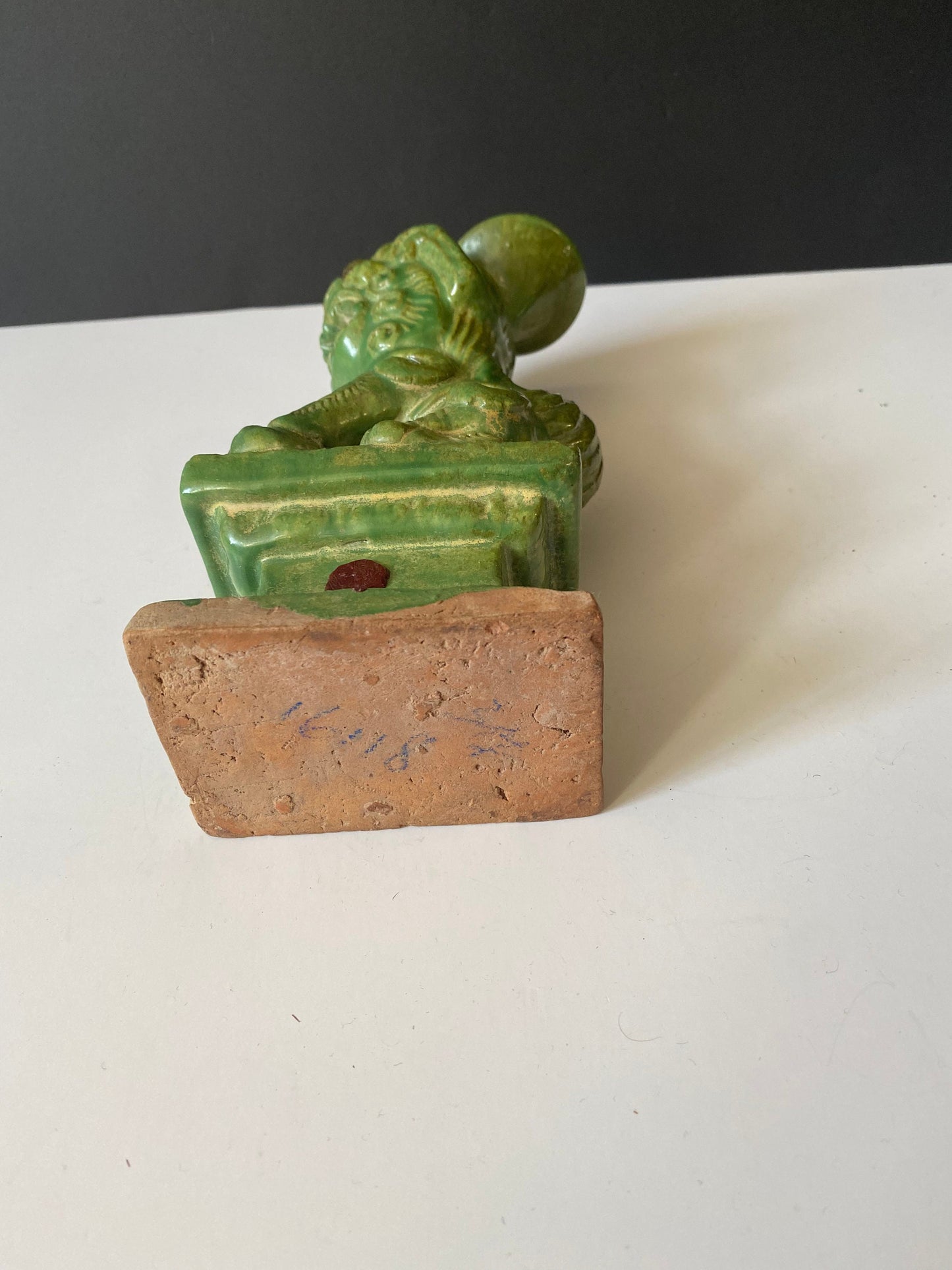 Rare 9 inch Chinese painted terra-cotta dog of foo candle holder with red seal
