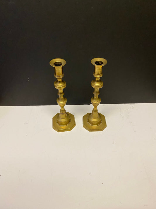 A  Pair heavy heavy brass Antique candlesticks 10 inches tall  Good quality  over 1kg