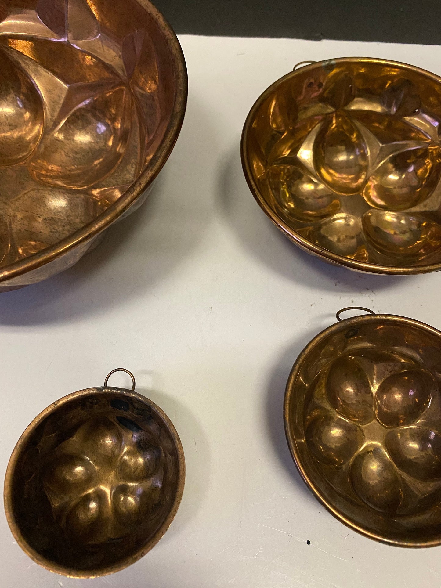 A Fabulous Antique set copper hanging jelly moulds - Great patina and condition