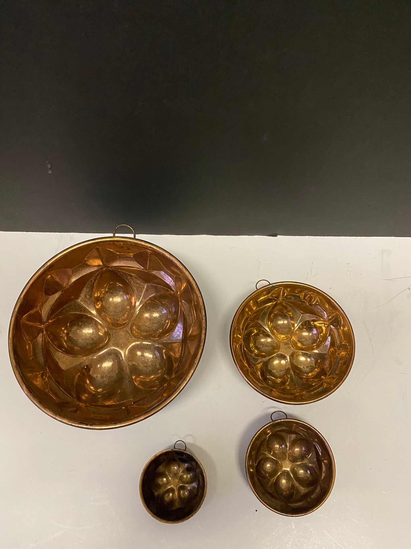 A Fabulous Antique set copper hanging jelly moulds - Great patina and condition