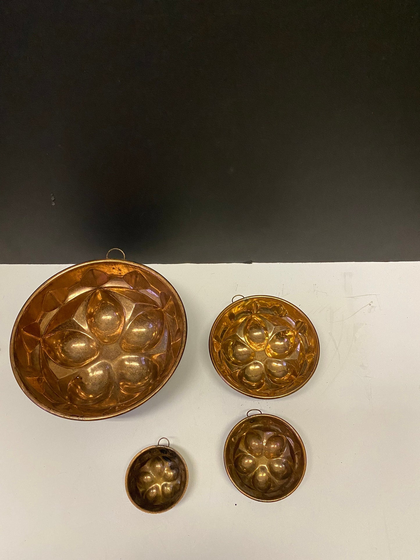 A Fabulous Antique set copper hanging jelly moulds - Great patina and condition