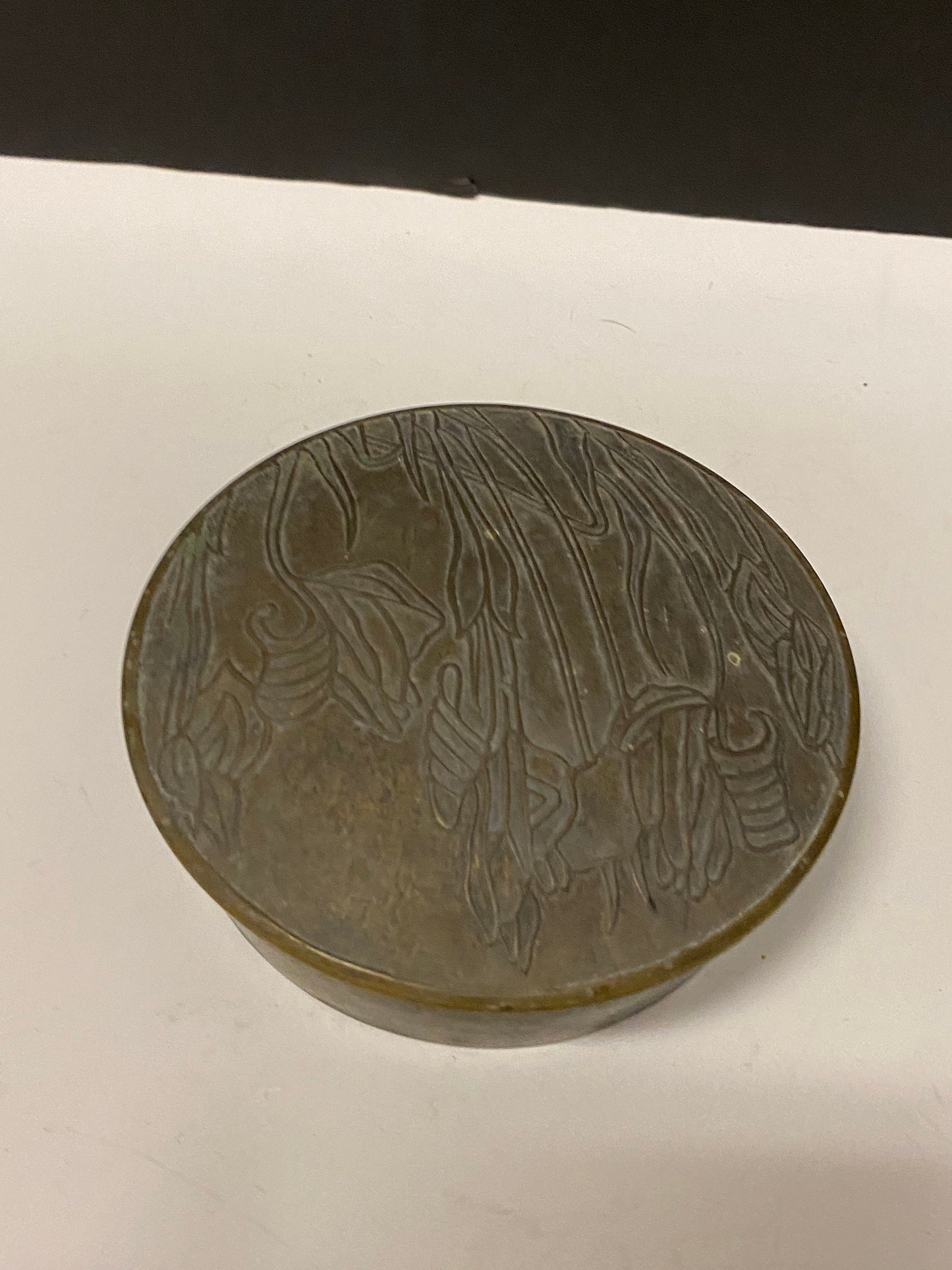 A 5 x 2 deep Antique Chinese brass box with decorated scene on top Great condition an amazing Patina super gift