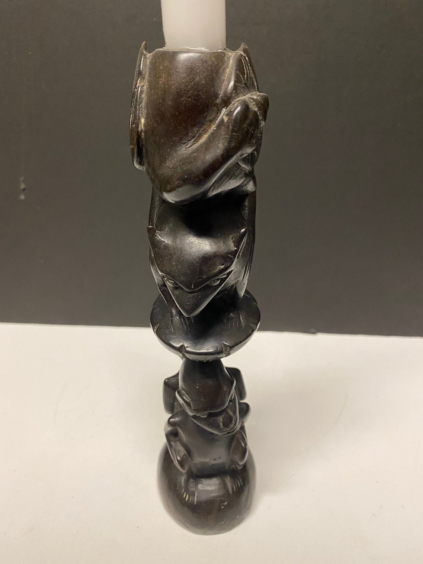 Very rare 10 inch Makonde African carved ebony candle holder great imagery older museum quality great gift