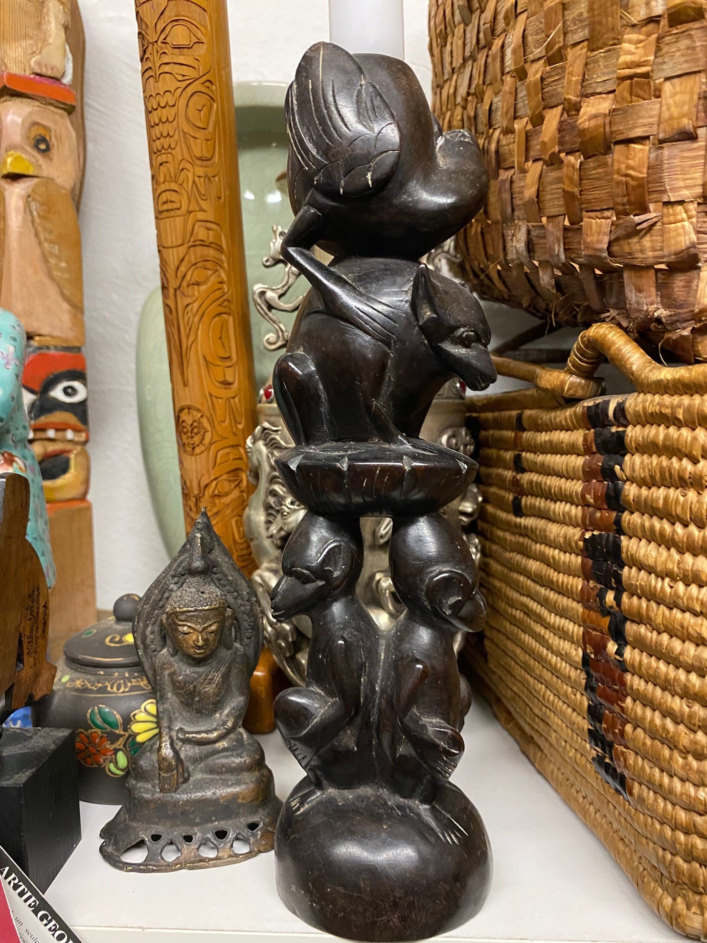 Very rare 10 inch Makonde African carved ebony candle holder great imagery older museum quality great gift