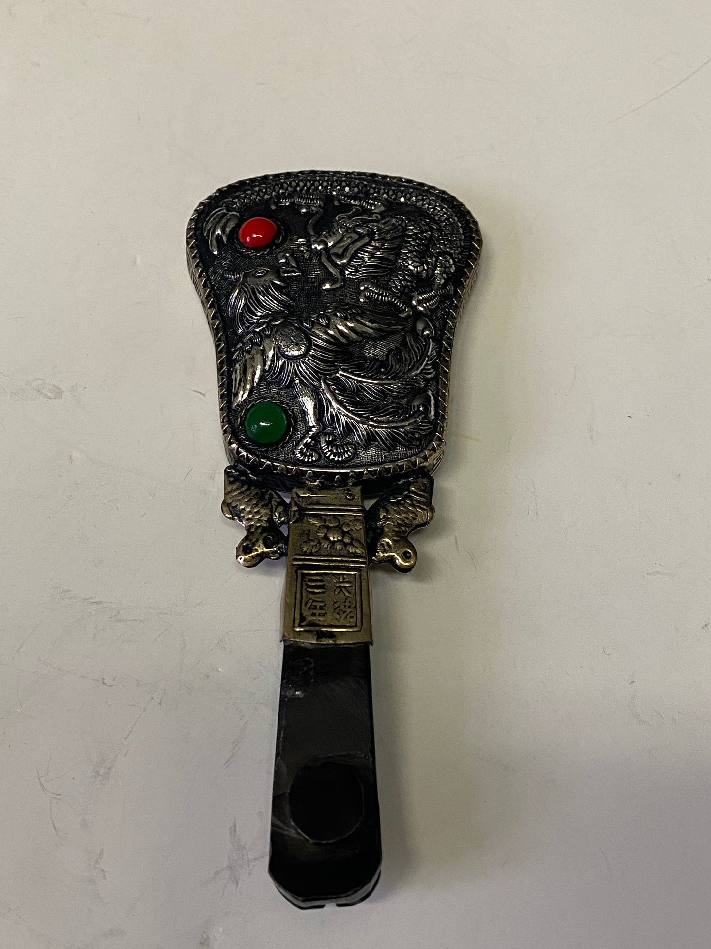 A 7 inch Chinese silver and hard stone handled mirror with dragon Phoenix and Koi fish decoration small and lovely