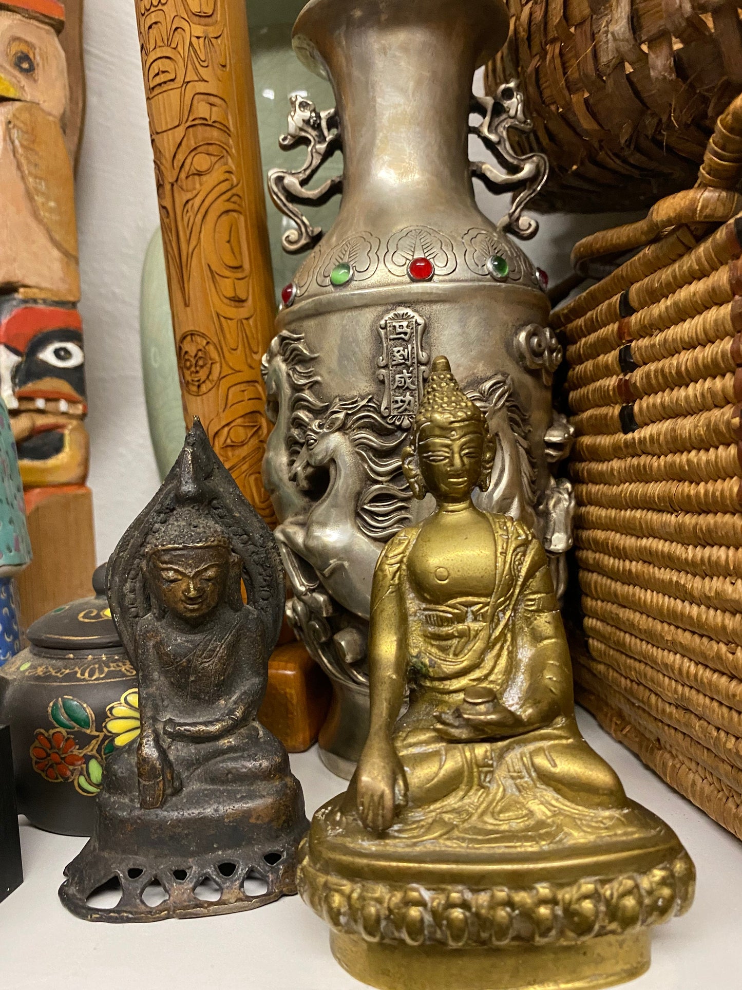 Antique asian brass Buddha 6 inches tall with great Patina serene stature