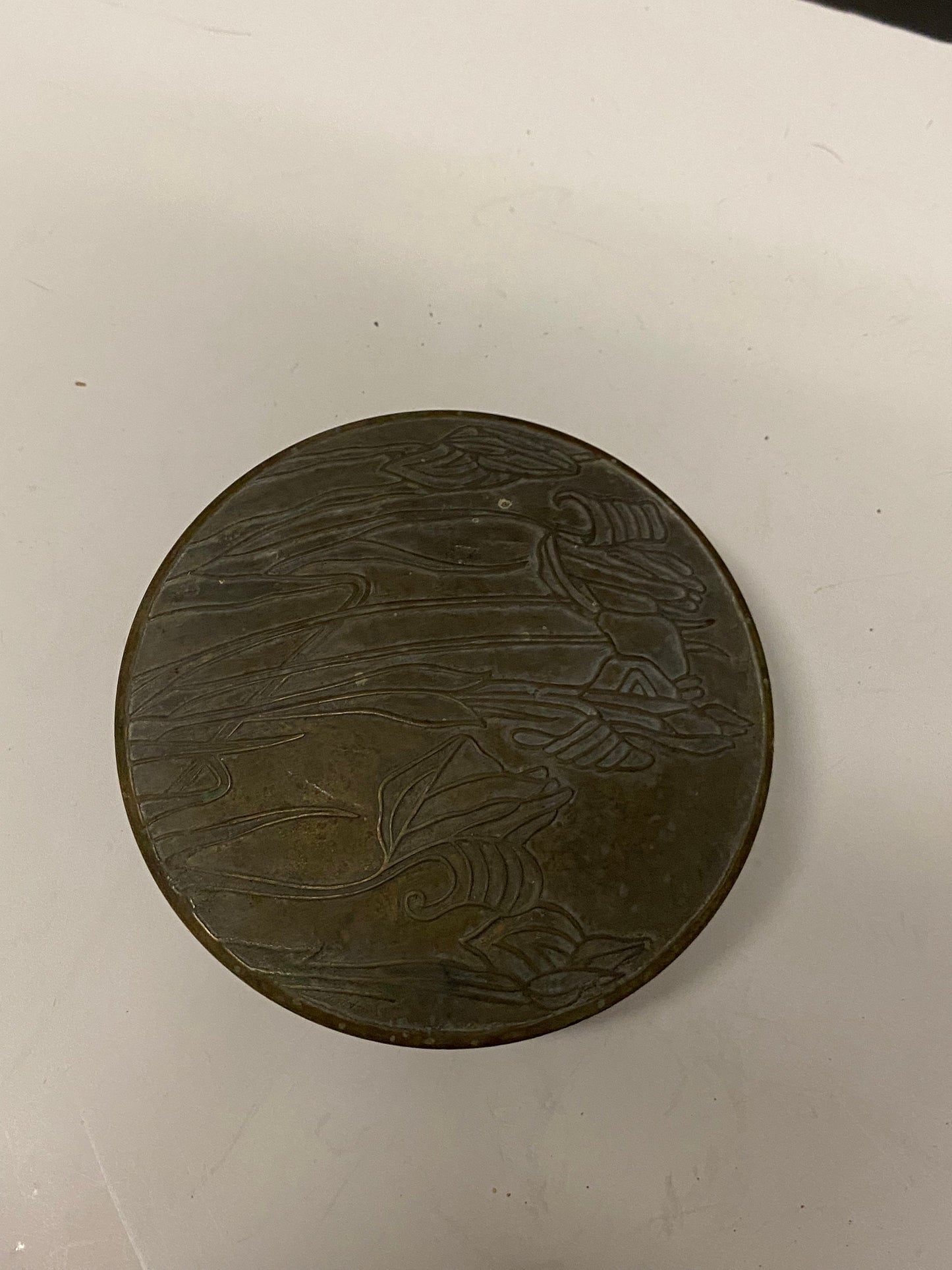 A 5 x 2 deep Antique Chinese brass box with decorated scene on top Great condition an amazing Patina super gift