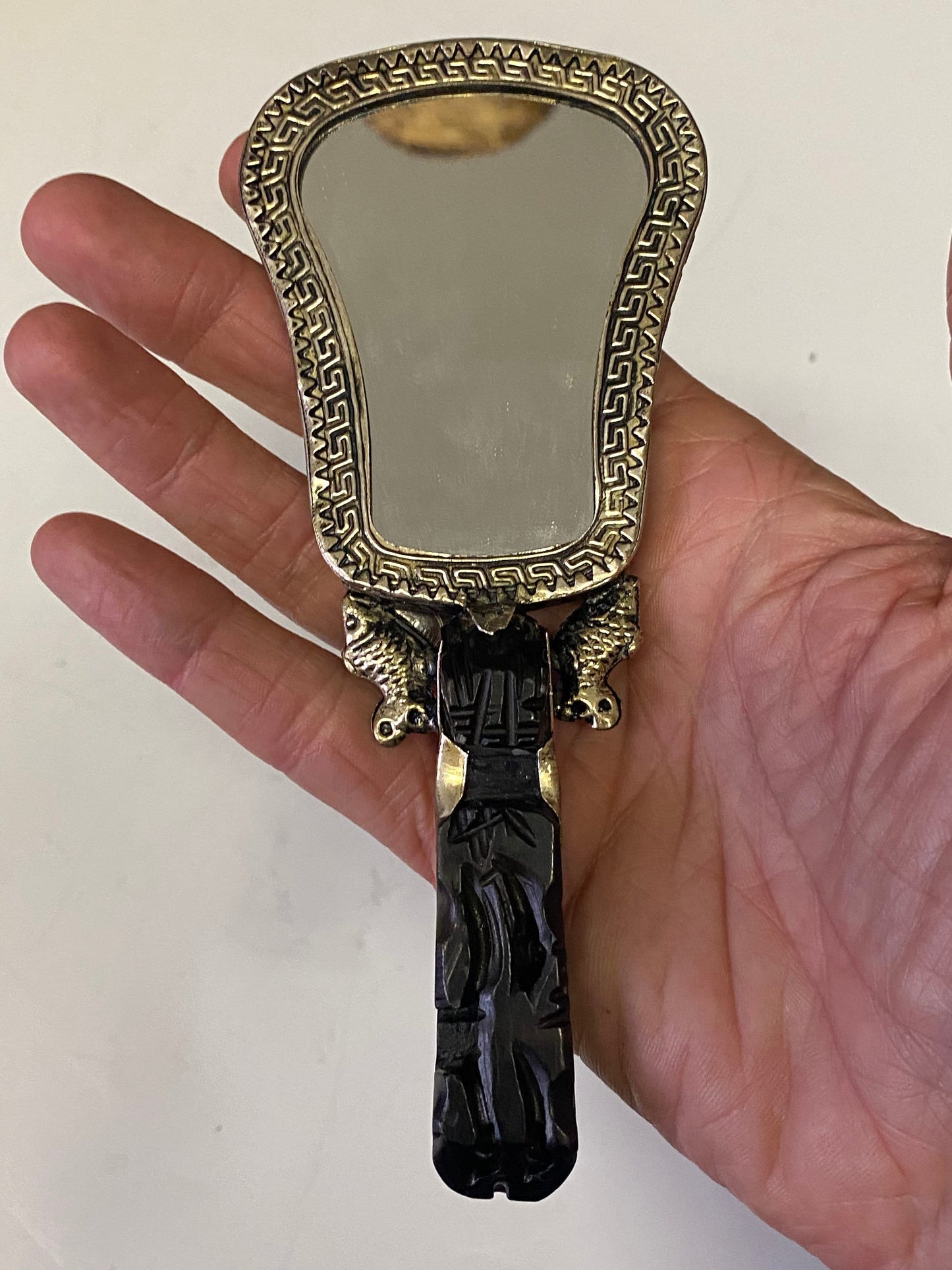 A 7 inch Chinese silver and hard stone handled mirror with dragon Phoenix and Koi fish decoration small and lovely