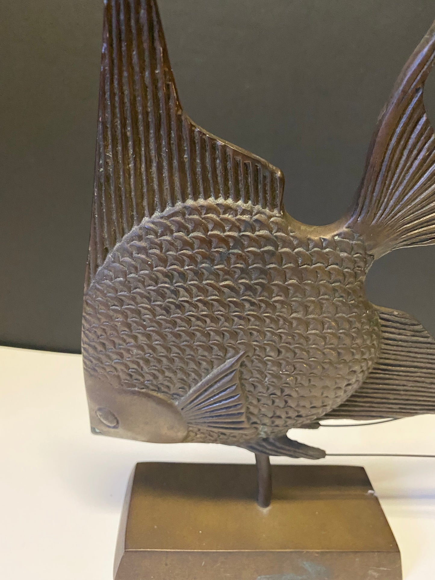 An  Absolutely magnificent 10 inch bronze fish on wood stand with wonderful Patina!  super piece