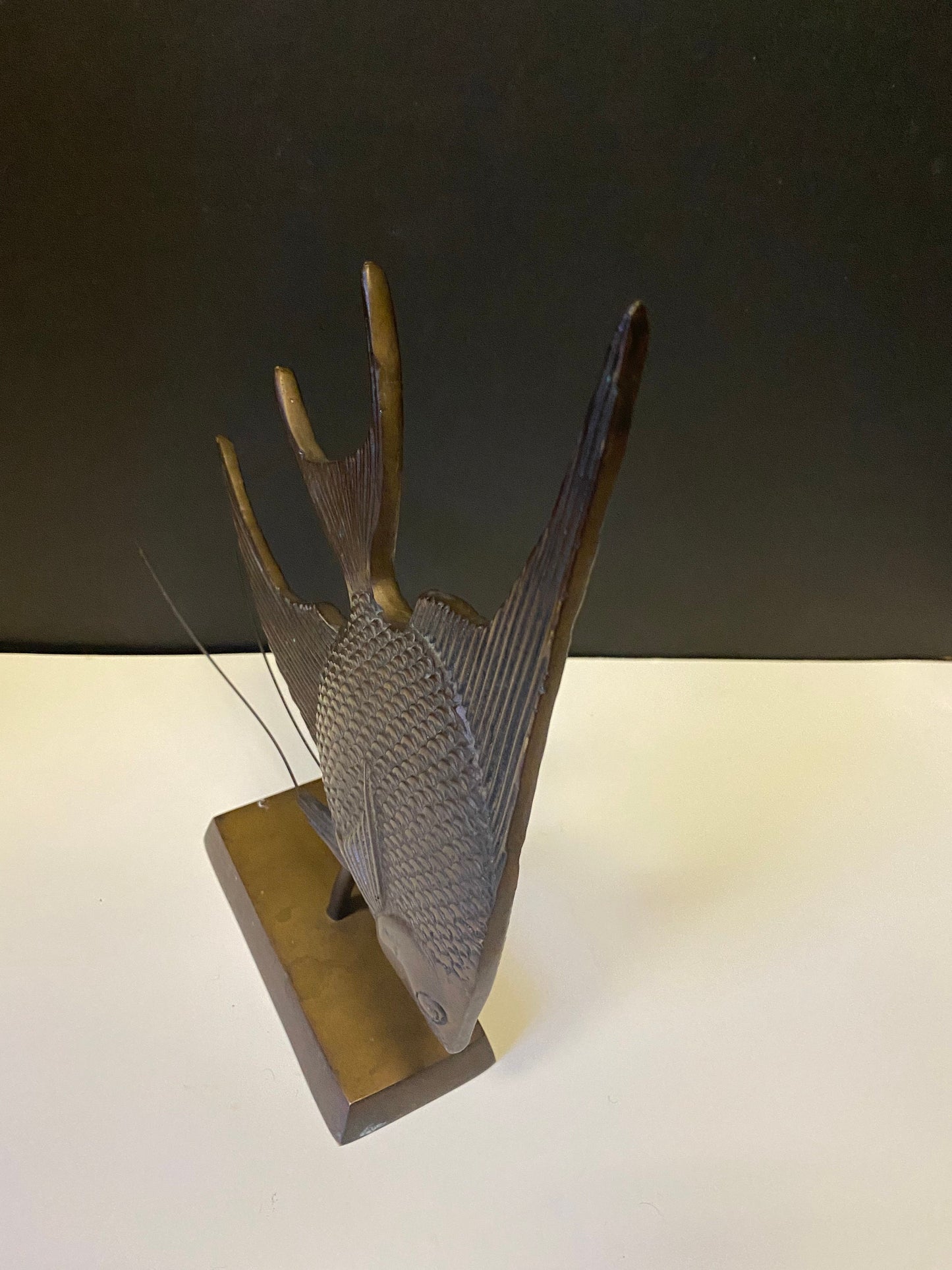 An  Absolutely magnificent 10 inch bronze fish on wood stand with wonderful Patina!  super piece