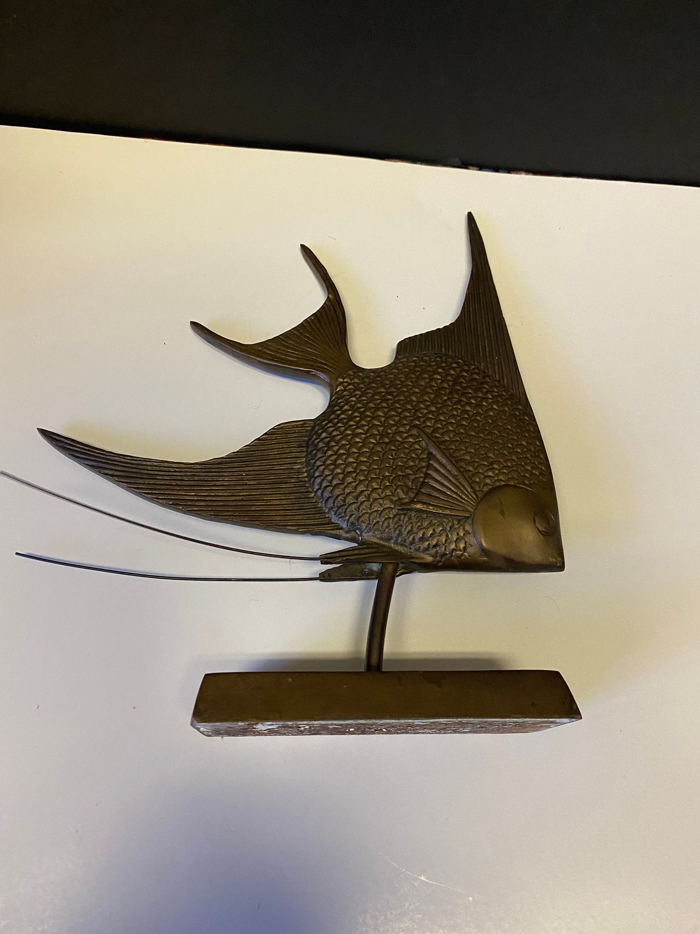 An  Absolutely magnificent 10 inch bronze fish on wood stand with wonderful Patina!  super piece