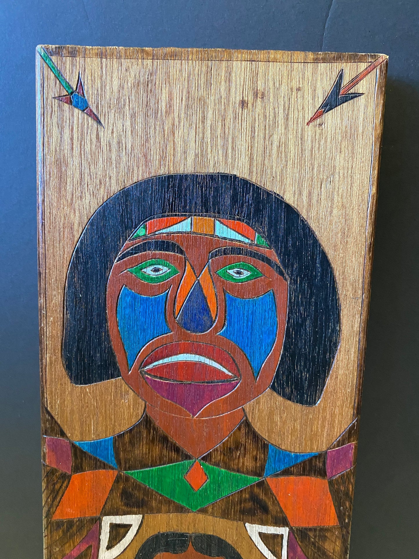 An  Unbelievably cool 15 x 6 x 1 Indigenous folk art signed  First Nations carved and painted plaque  hangs and is west coast Canadian