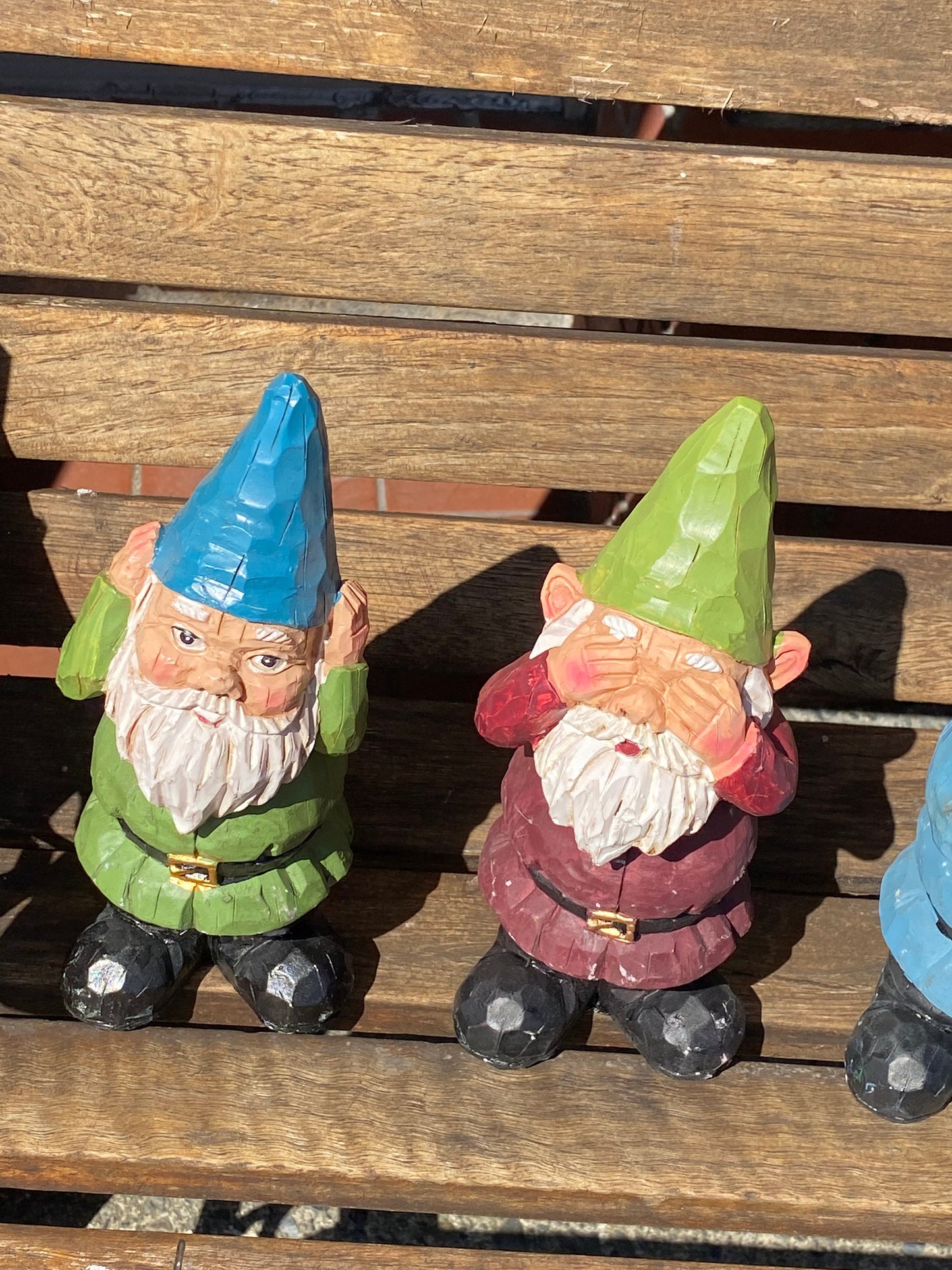 Adorable set of 3 8 inch gnomes Concrete with porcelain bobble heads see no hear no speak no evil Amazing garden gift