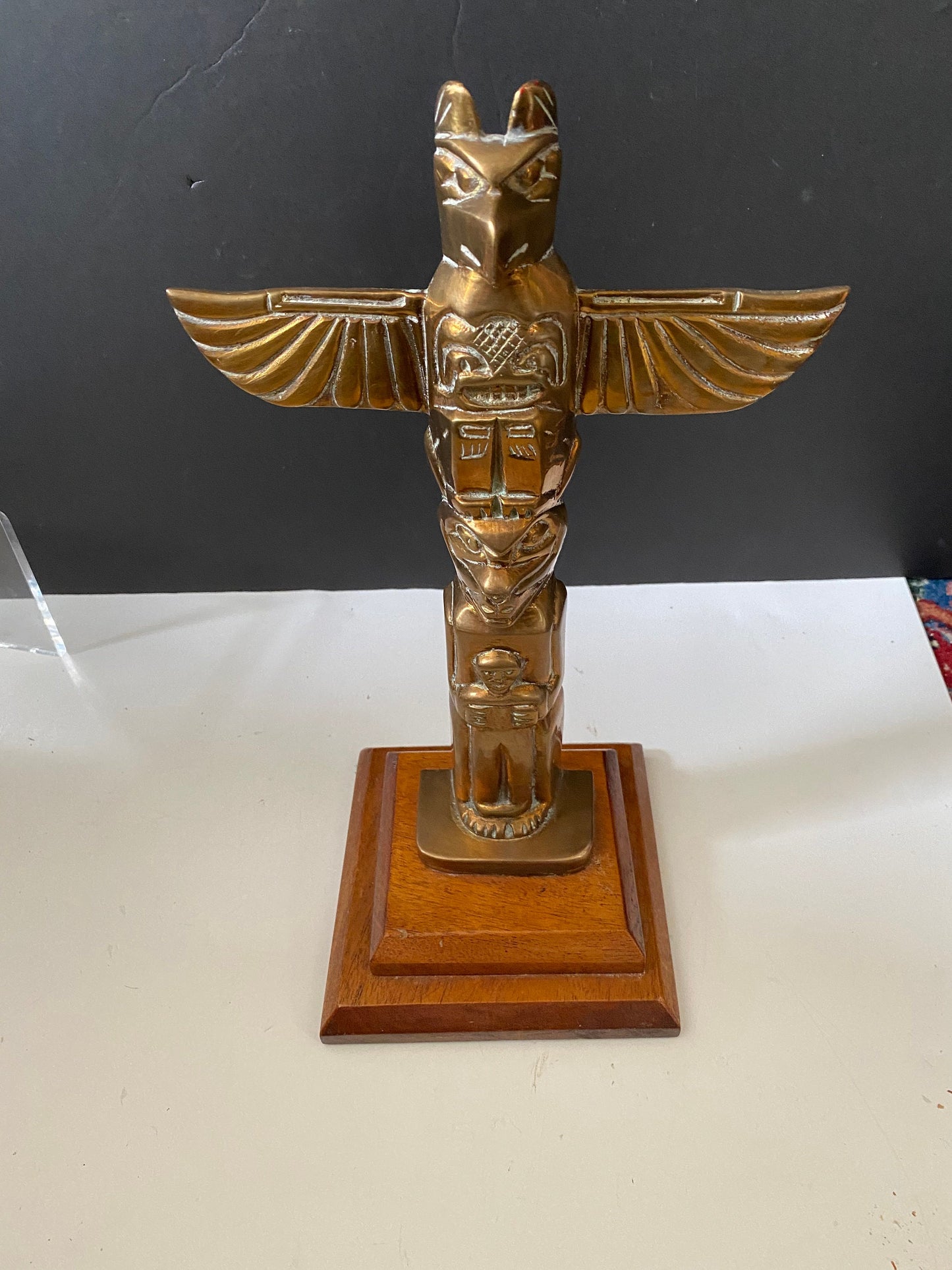A Fantastic 14 x 6 Canadian antique bronze totem on wood base Super patina in great condition wow 2 kg