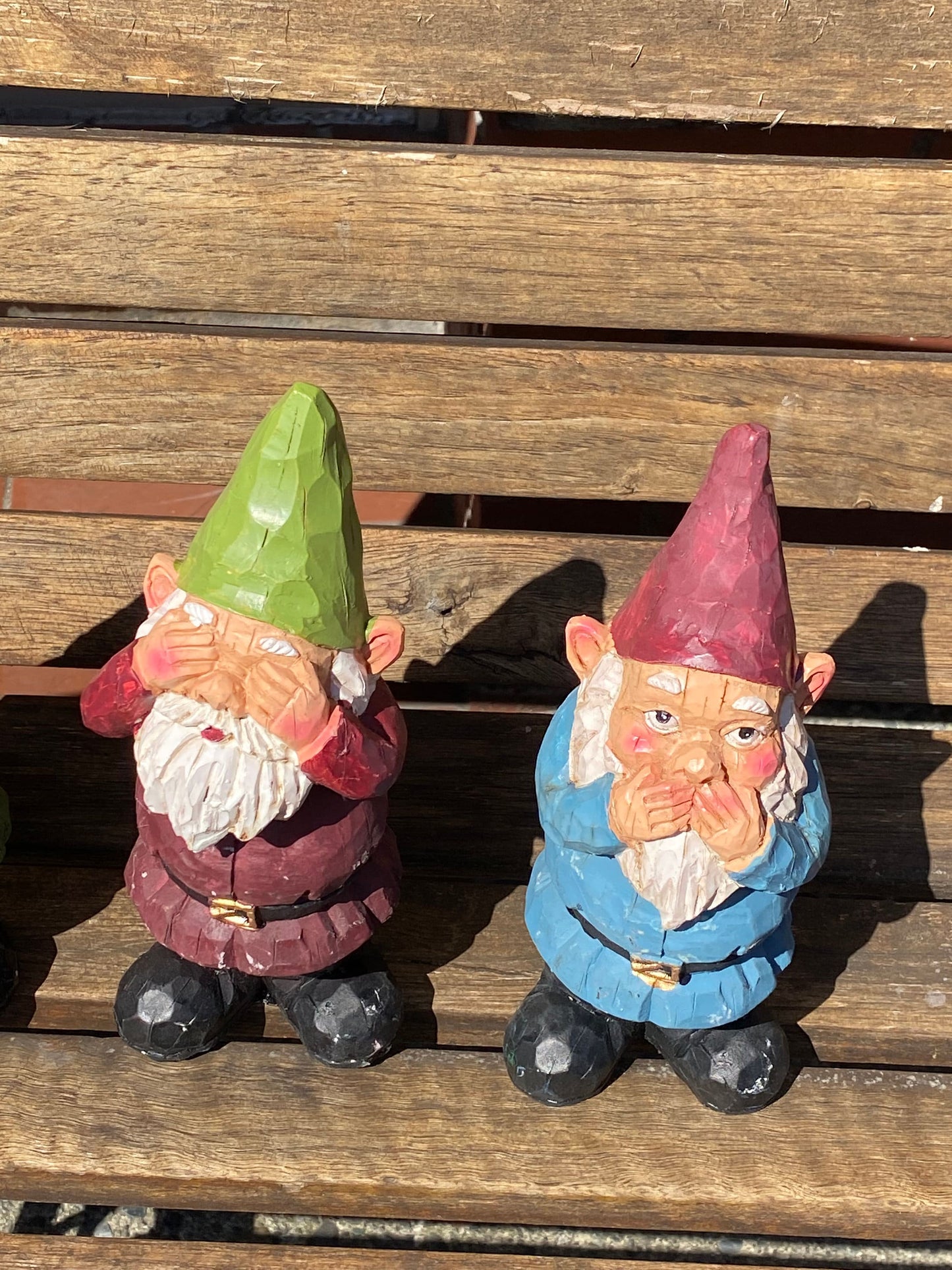 Adorable set of 3 8 inch gnomes Concrete with porcelain bobble heads see no hear no speak no evil Amazing garden gift