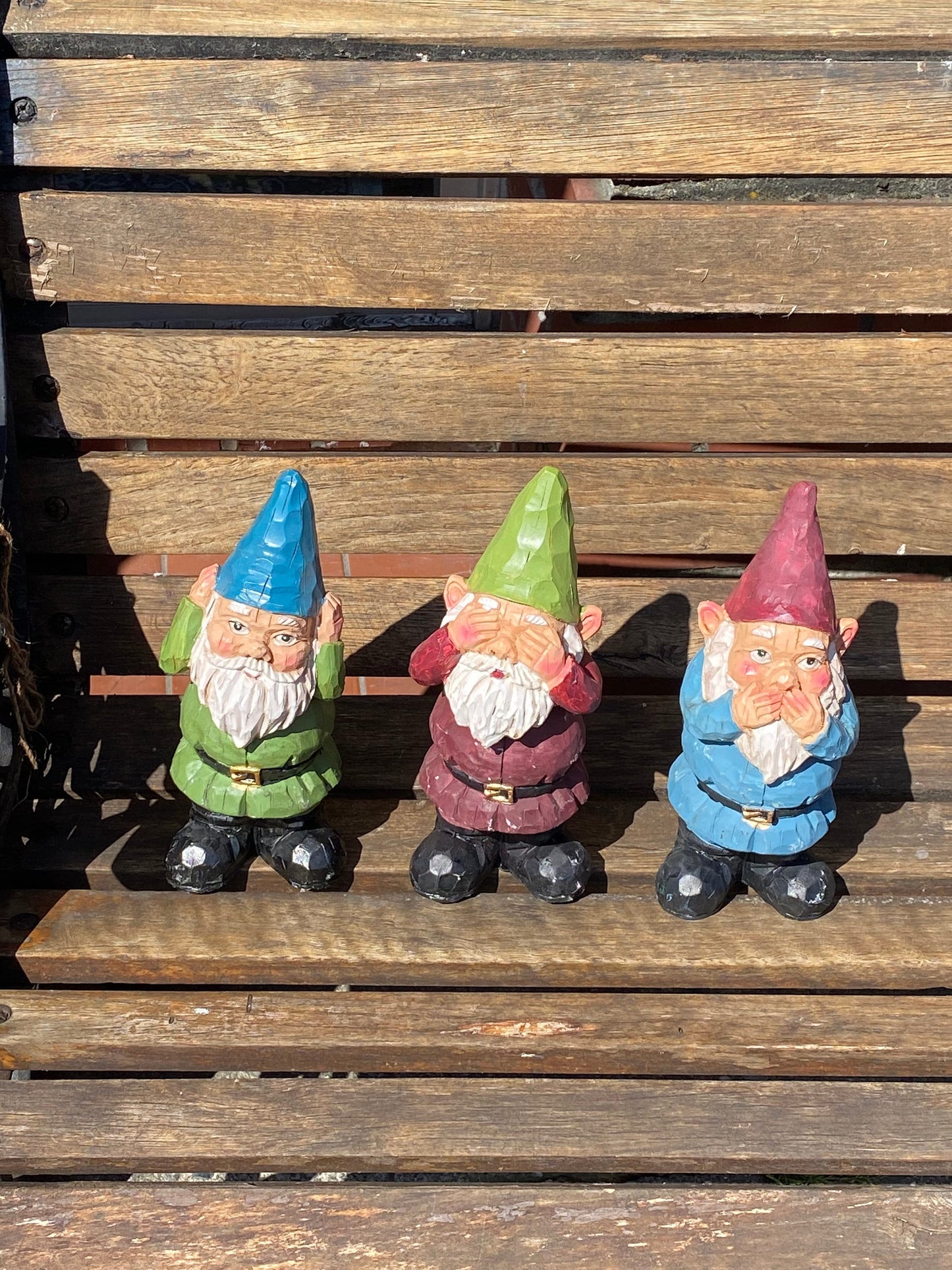 Adorable set of 3 8 inch gnomes Concrete with porcelain bobble heads see no hear no speak no evil Amazing garden gift