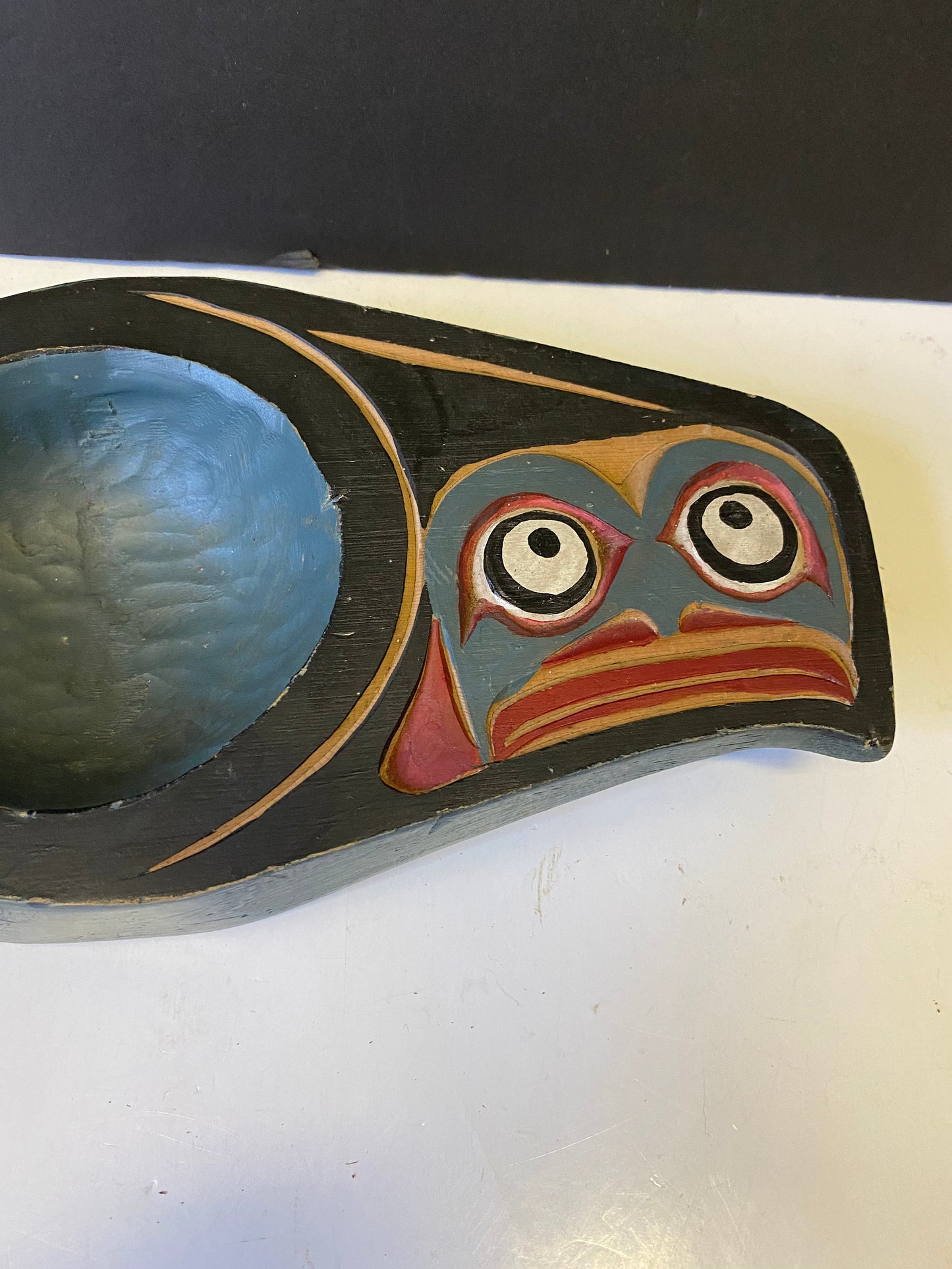 A  Museum quality 12 x 5.5 indigenous carved and painted feast bowl  Amazing intricate detail by a well-known Vancouver Island artist wow