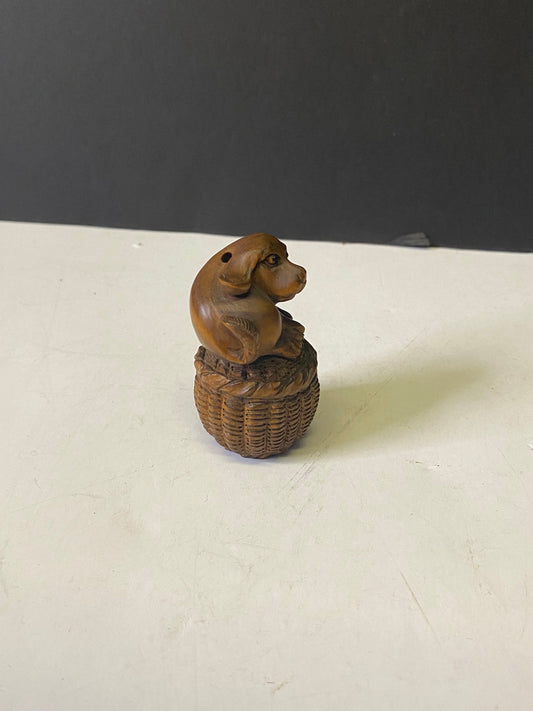 Absolutely fabulous 2 inch antique authentic Boxwood netsuke of a puppy in basket  Unbelievable detail  wow