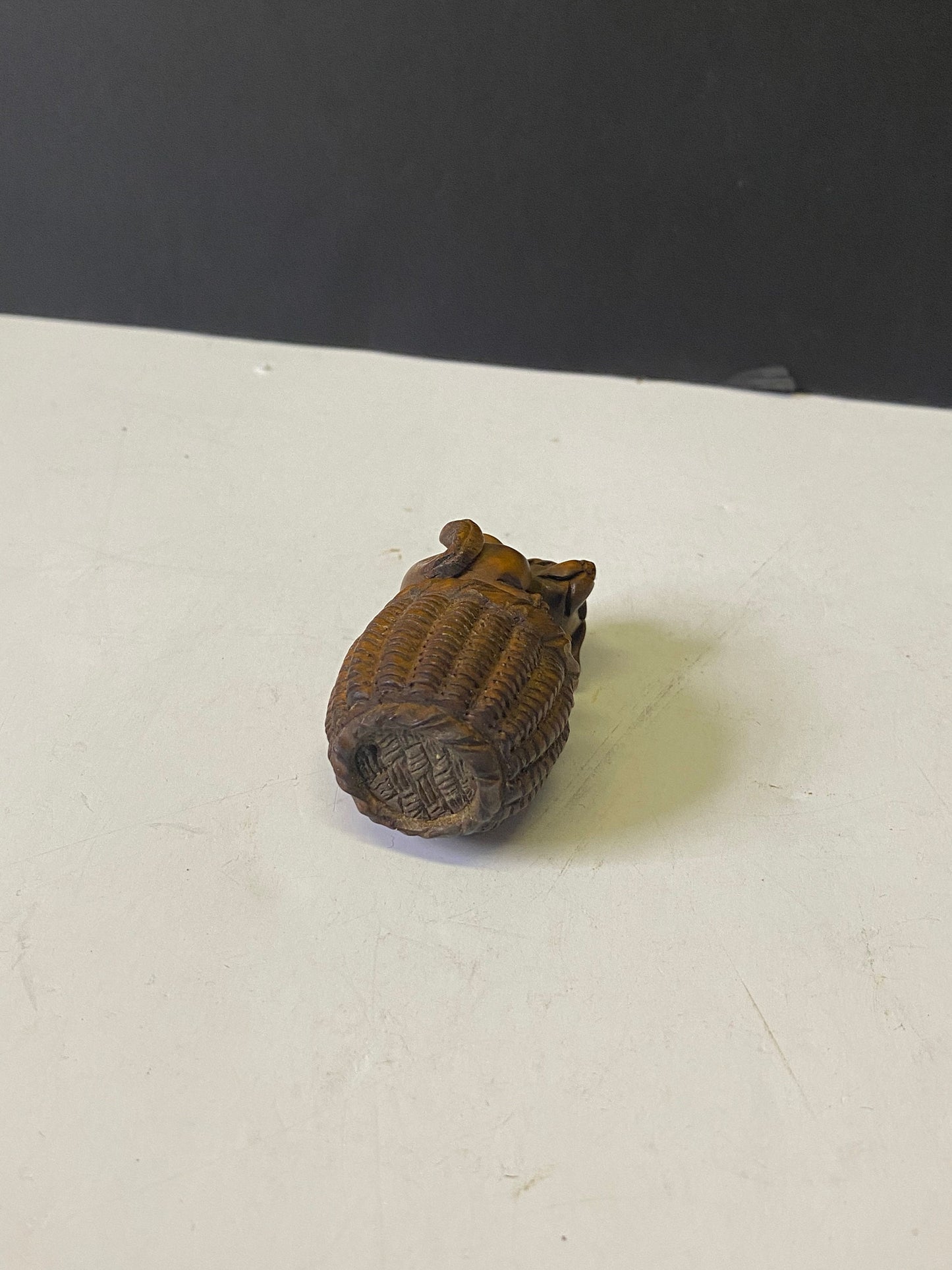 Absolutely fabulous 2 inch antique authentic Boxwood netsuke of a puppy in basket  Unbelievable detail  wow