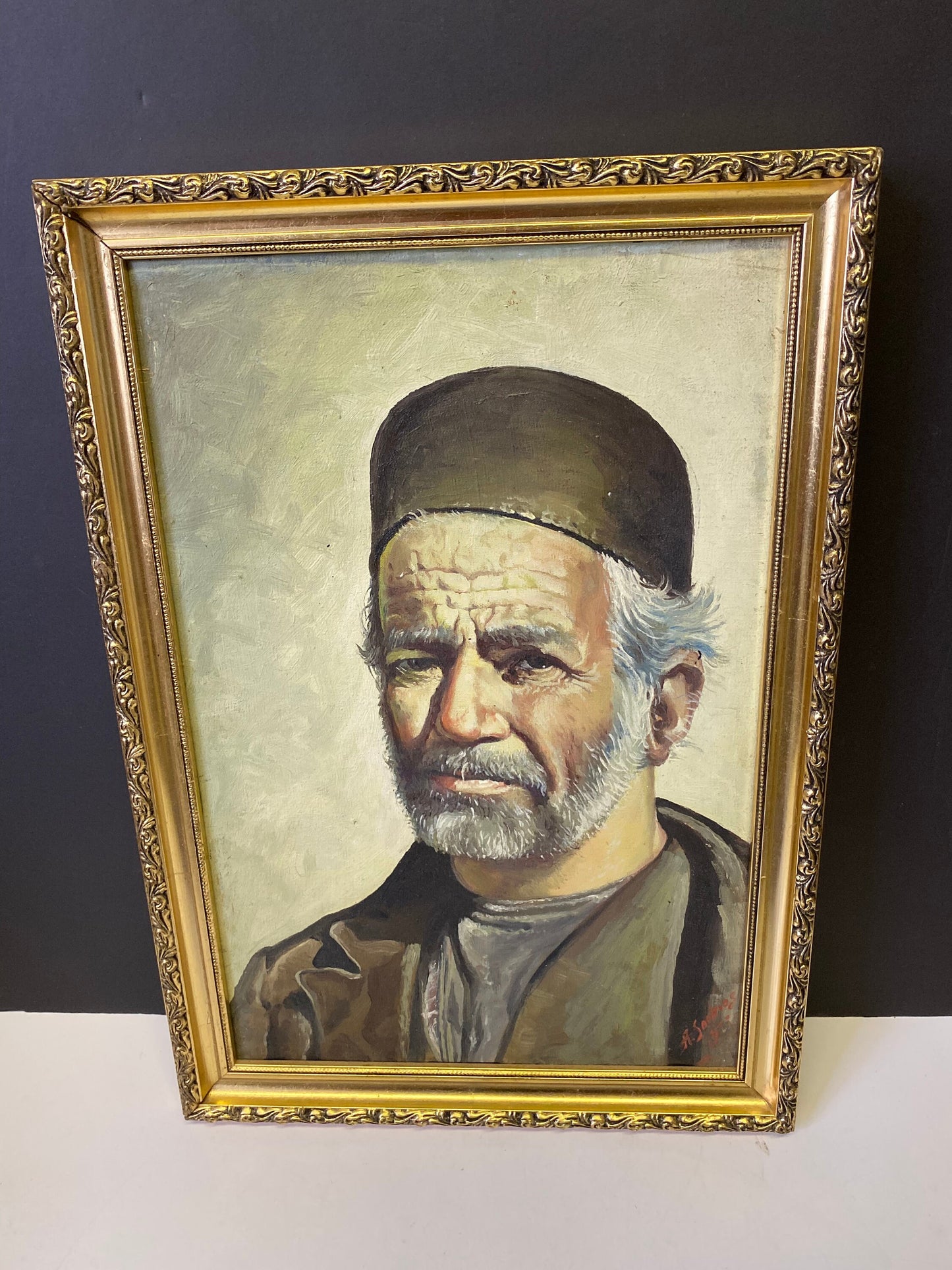 A  Fabulous 17 x 12 inch gilt framed Arabic oil portrait on canvas  signed H . Sookias 1973  great detail and presence  rare piece