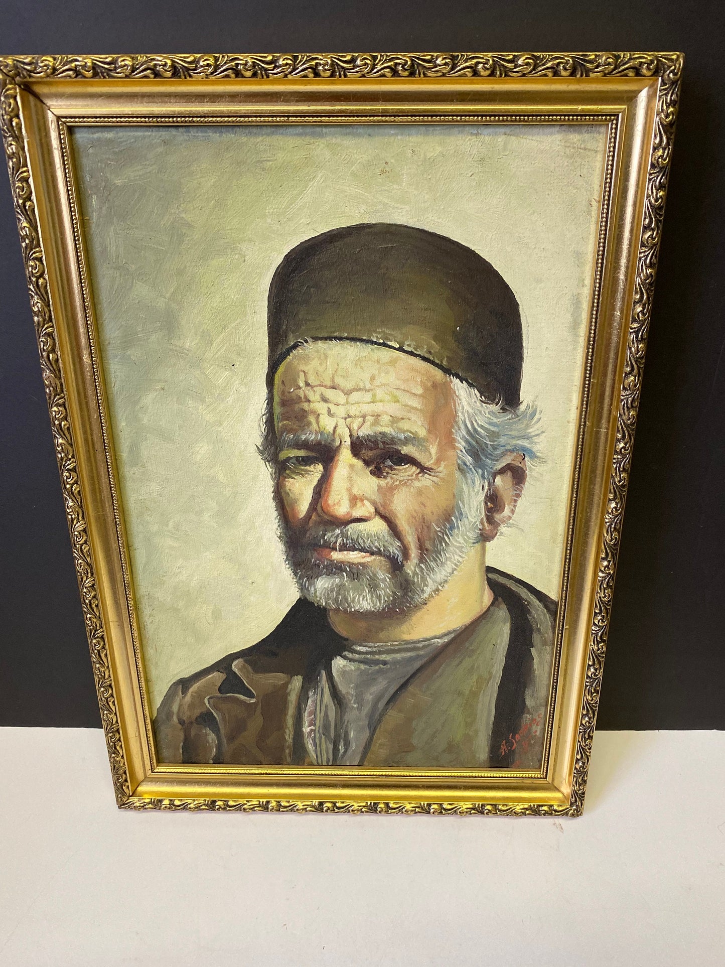 A  Fabulous 17 x 12 inch gilt framed Arabic oil portrait on canvas  signed H . Sookias 1973  great detail and presence  rare piece
