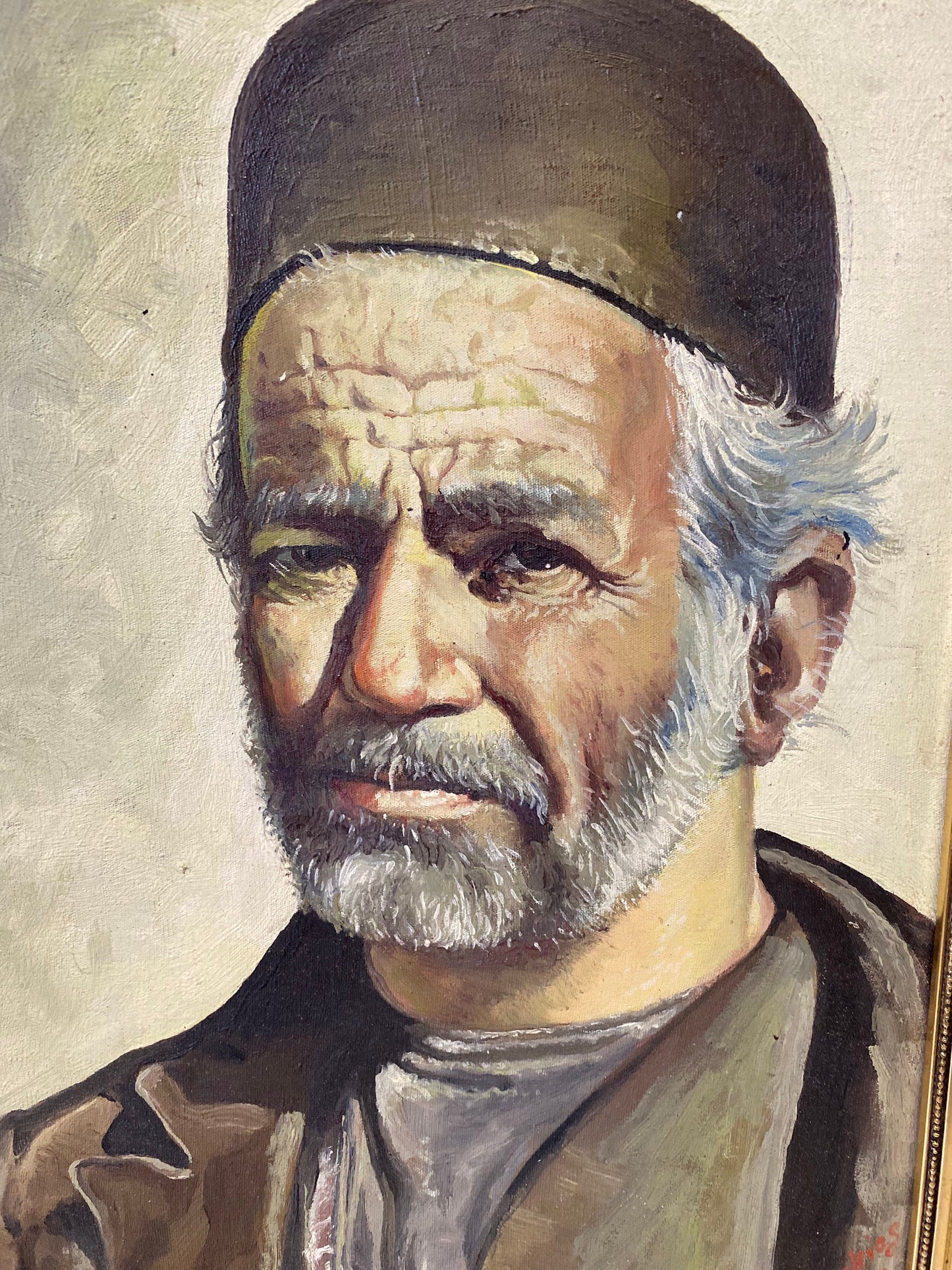 A  Fabulous 17 x 12 inch gilt framed Arabic oil portrait on canvas  signed H . Sookias 1973  great detail and presence  rare piece