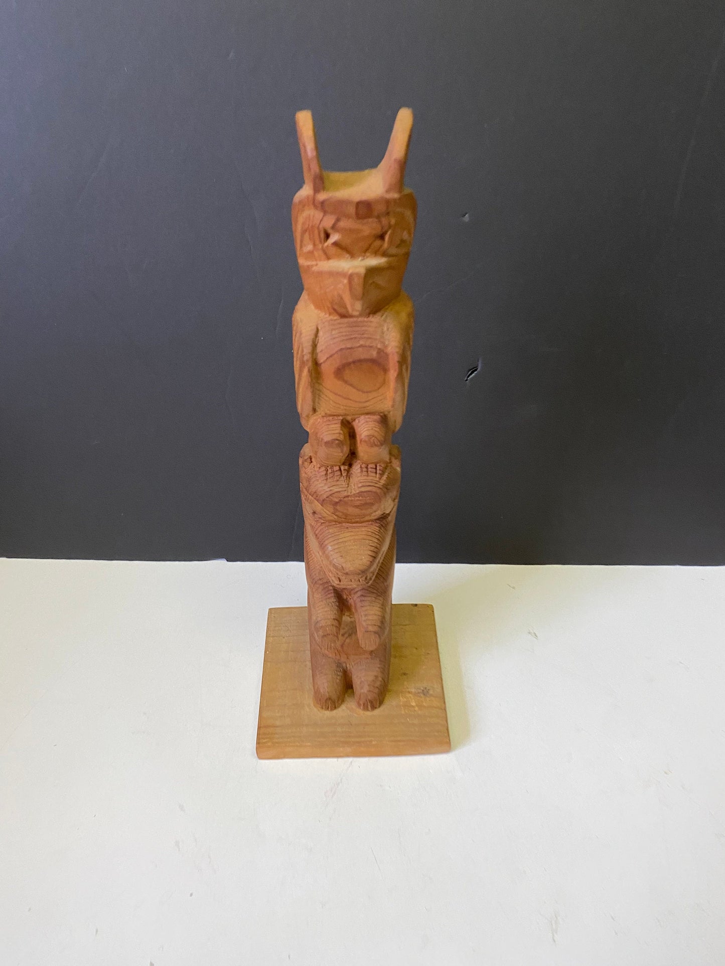 13 x 7 1970s indigenous Canadian female signed Indigenous totem pole Thunderbird to human and transformation well carved
