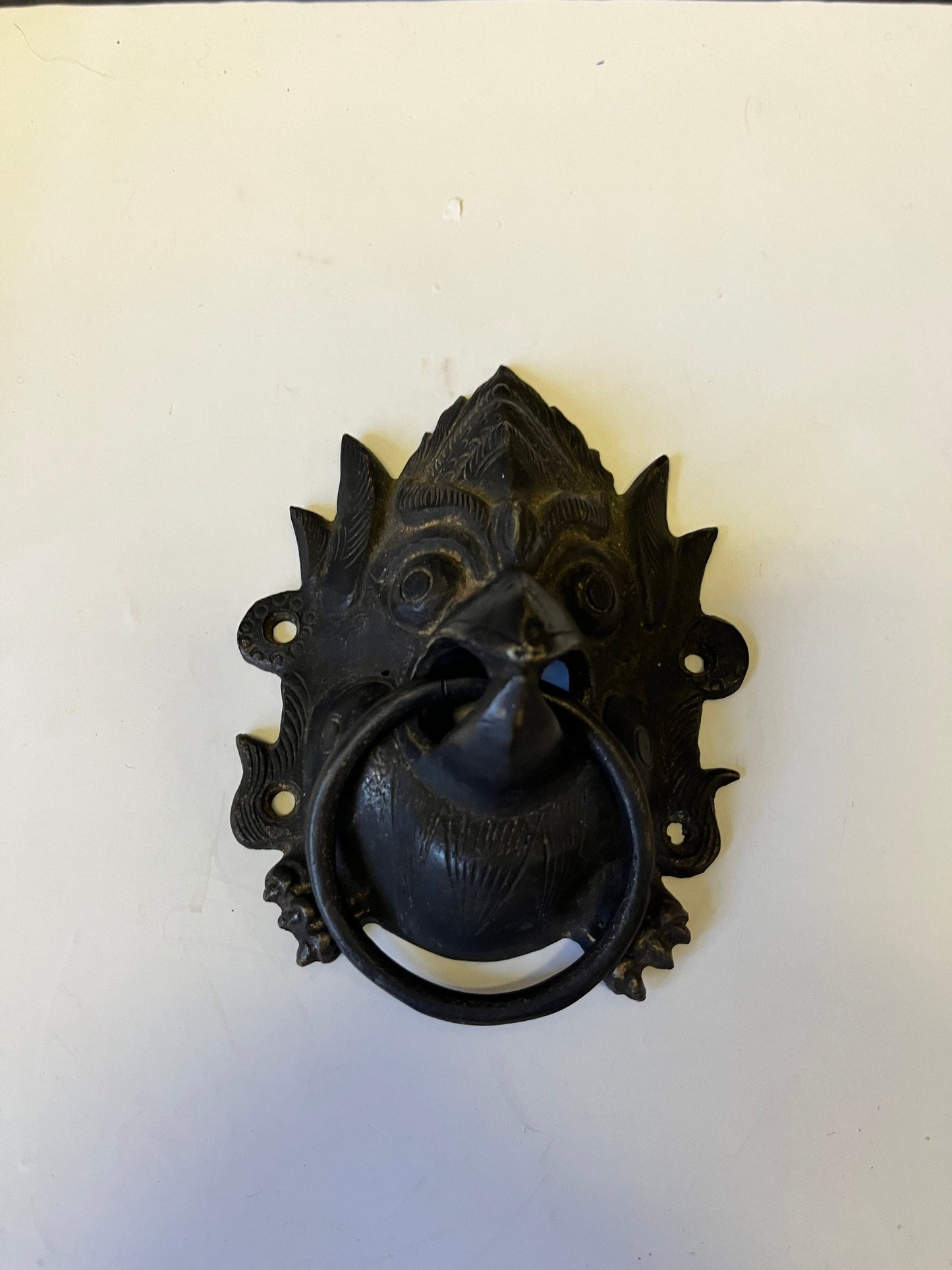 Stunning antique Tibetan 5 inch bronze door knocker representing the devil needs screws Fabulous detail and Patina