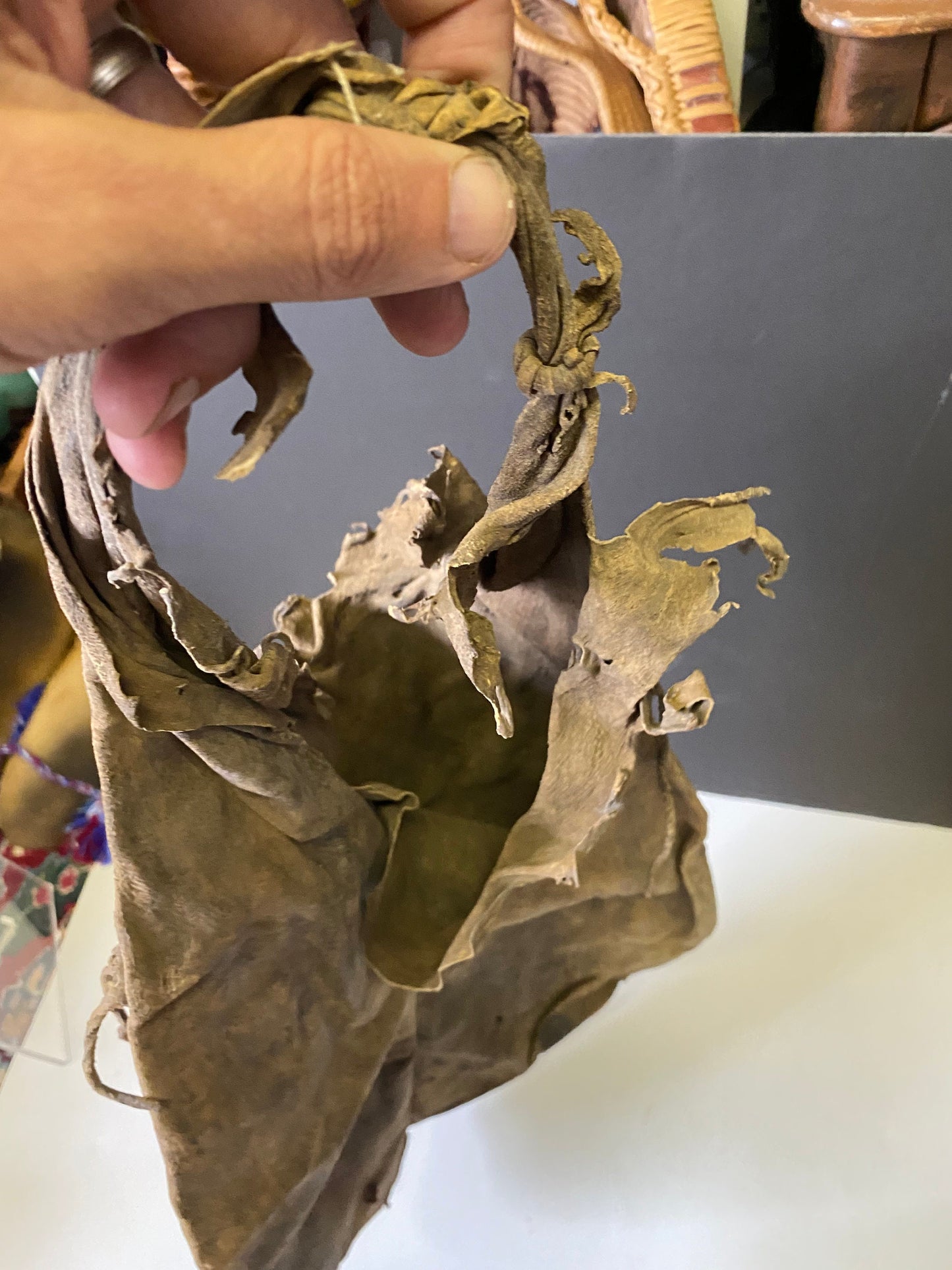 A  Museum quality early 19 century South African Zulu tribe bushman bag  Authentic and in as is condition -Culturally spectacular- 24 x 15