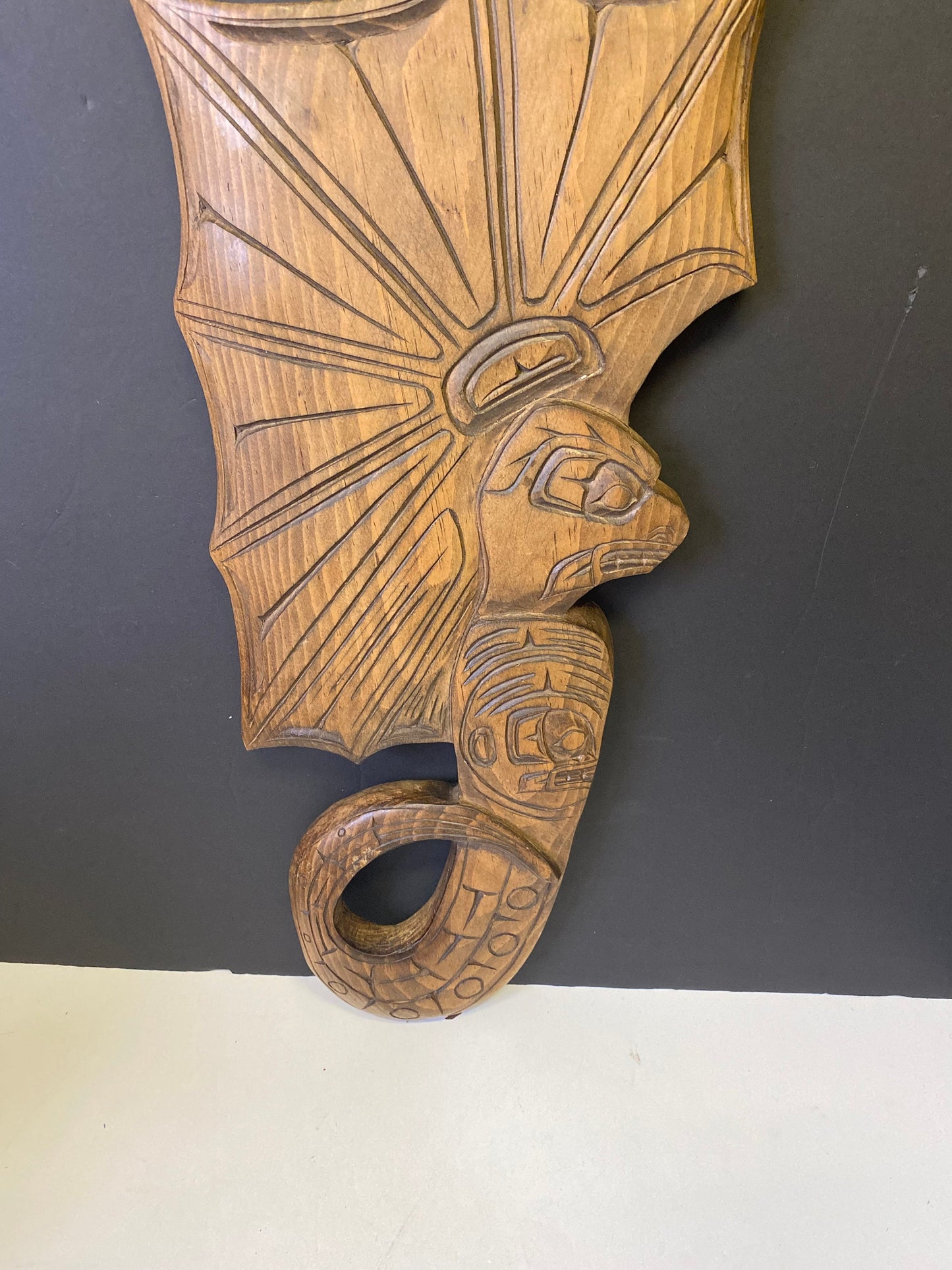Amazing 20 x 9 Indigenous First Nations cedar plaque Signed Gilbert Grant entitled lightning snake wonderful detail great price