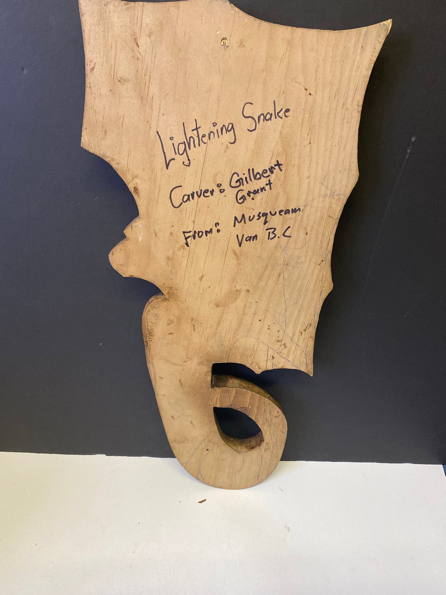 Amazing 20 x 9 Indigenous First Nations cedar plaque Signed Gilbert Grant entitled lightning snake wonderful detail great price