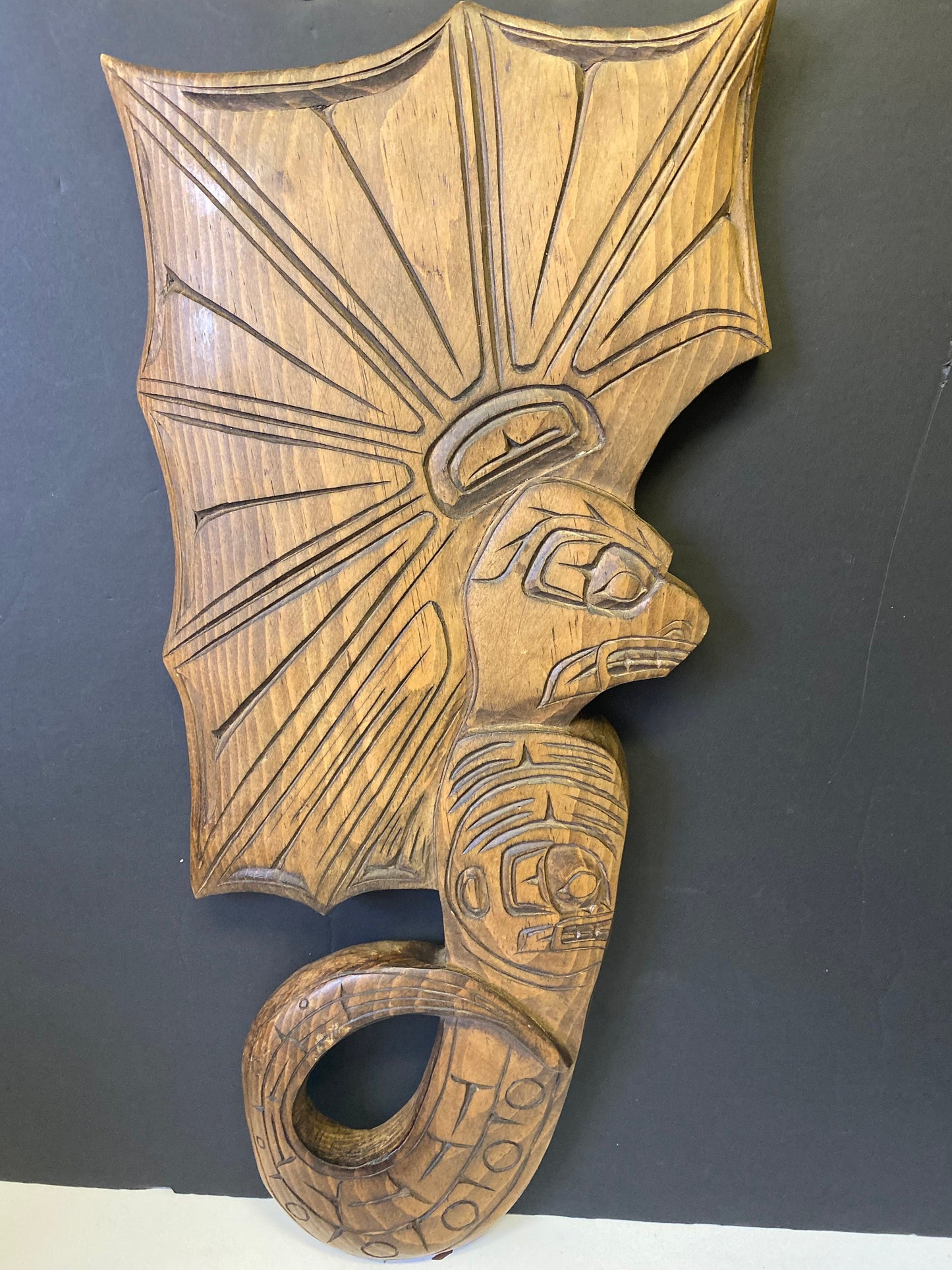 Amazing 20 x 9 Indigenous First Nations cedar plaque Signed Gilbert Grant entitled lightning snake wonderful detail great price