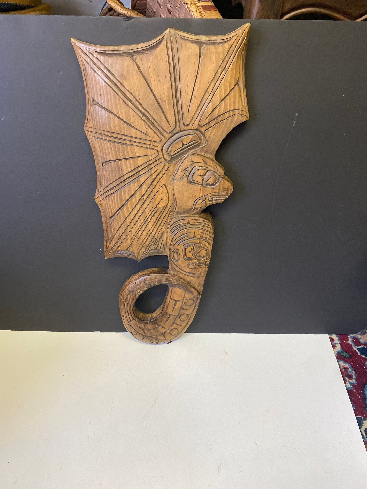 Amazing 20 x 9 Indigenous First Nations cedar plaque Signed Gilbert Grant entitled lightning snake wonderful detail great price