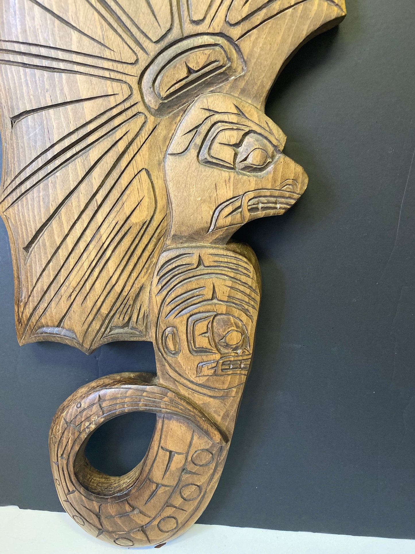 Amazing 20 x 9 Indigenous First Nations cedar plaque Signed Gilbert Grant entitled lightning snake wonderful detail great price