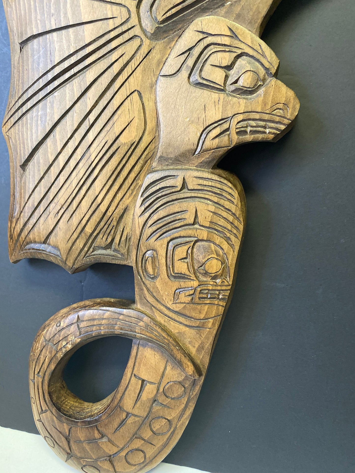 Amazing 20 x 9 Indigenous First Nations cedar plaque Signed Gilbert Grant entitled lightning snake wonderful detail great price