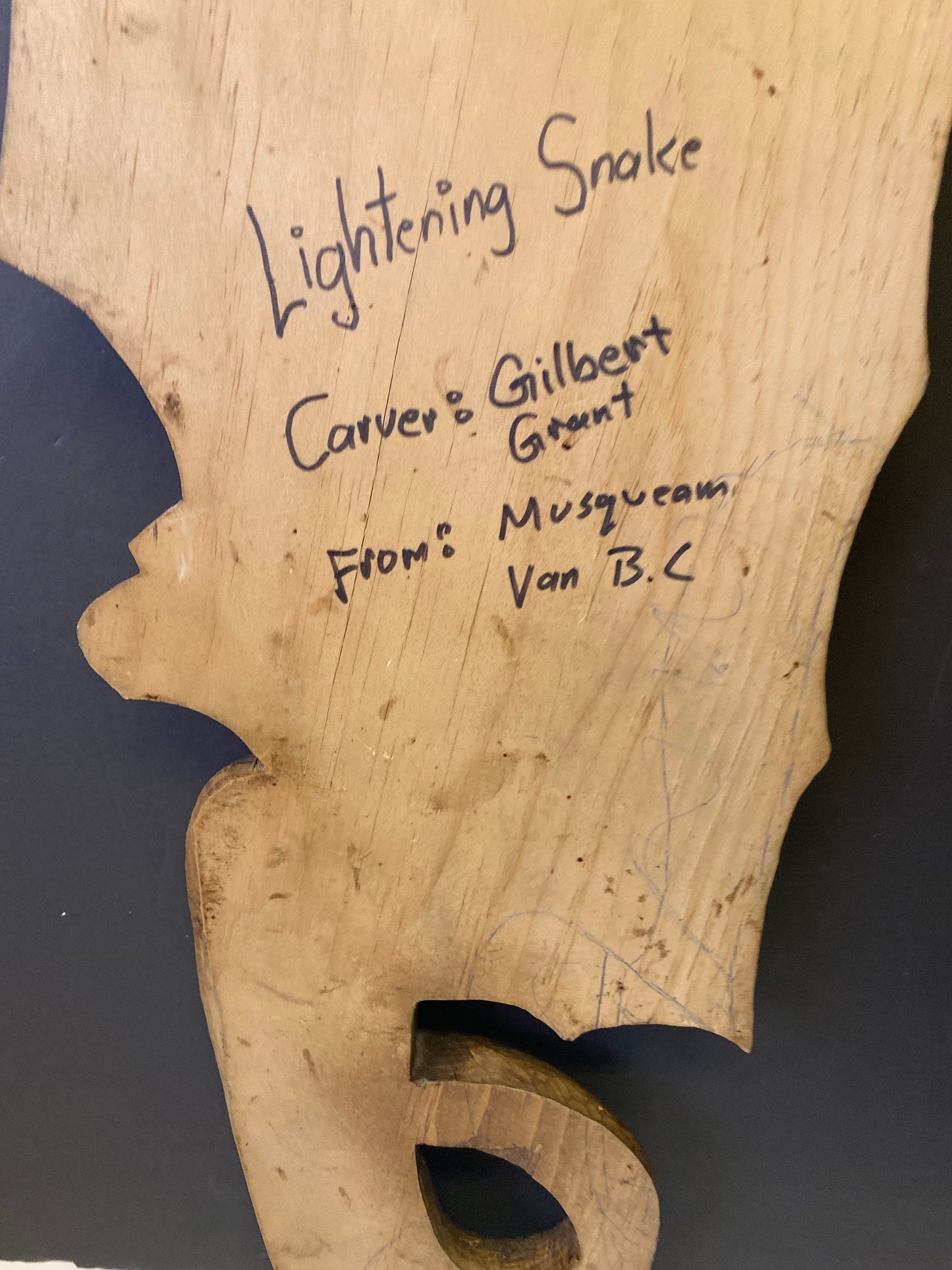 Amazing 20 x 9 Indigenous First Nations cedar plaque Signed Gilbert Grant entitled lightning snake wonderful detail great price
